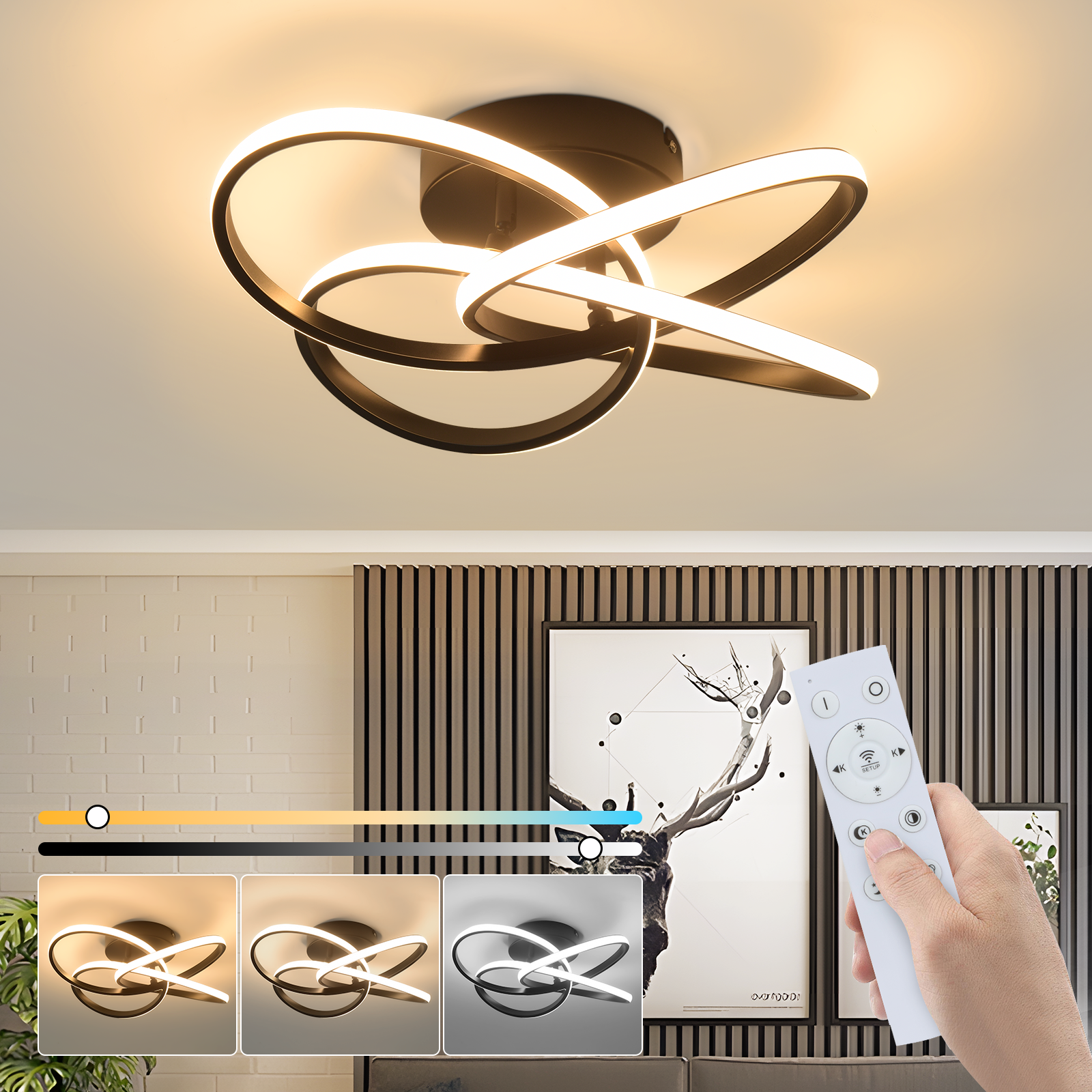 Lampa sufitowa z pilotem. Światło ma regulowane ustawienia jasności i koloru. Ręka trzyma pilota.