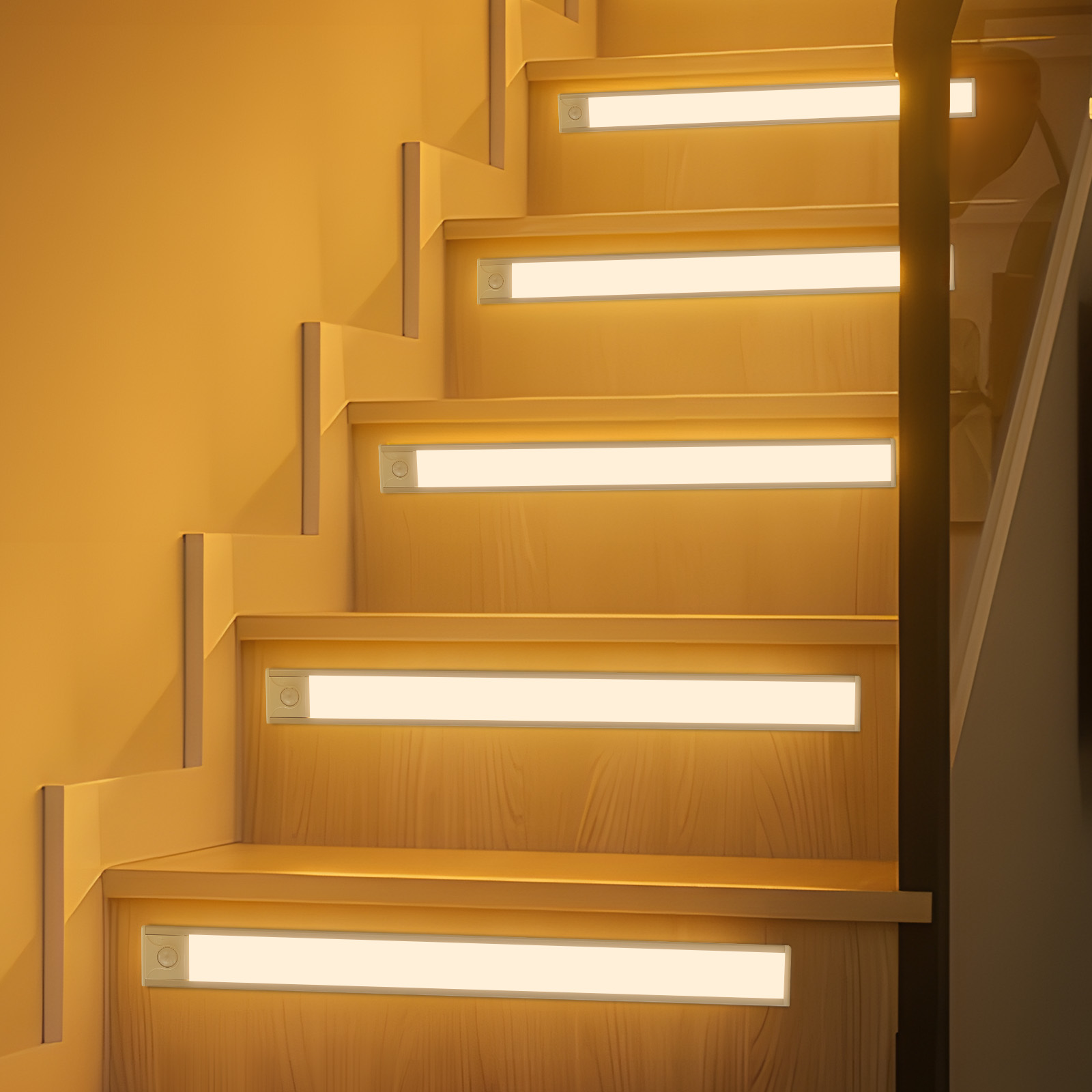 Scala con luci integrate su ogni gradino, che forniscono illuminazione per sicurezza ed estetica.