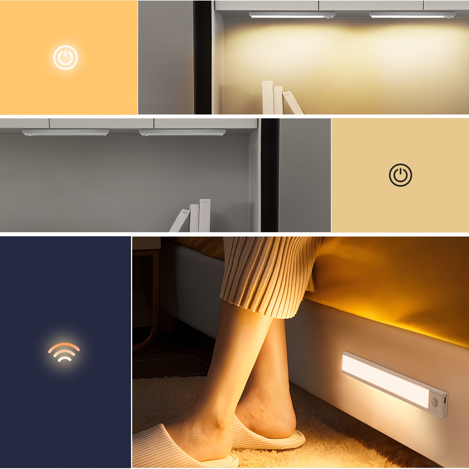 L'immagine mostra varie luci a LED in diverse impostazioni. Sono presenti icone di accensione/spegnimento.