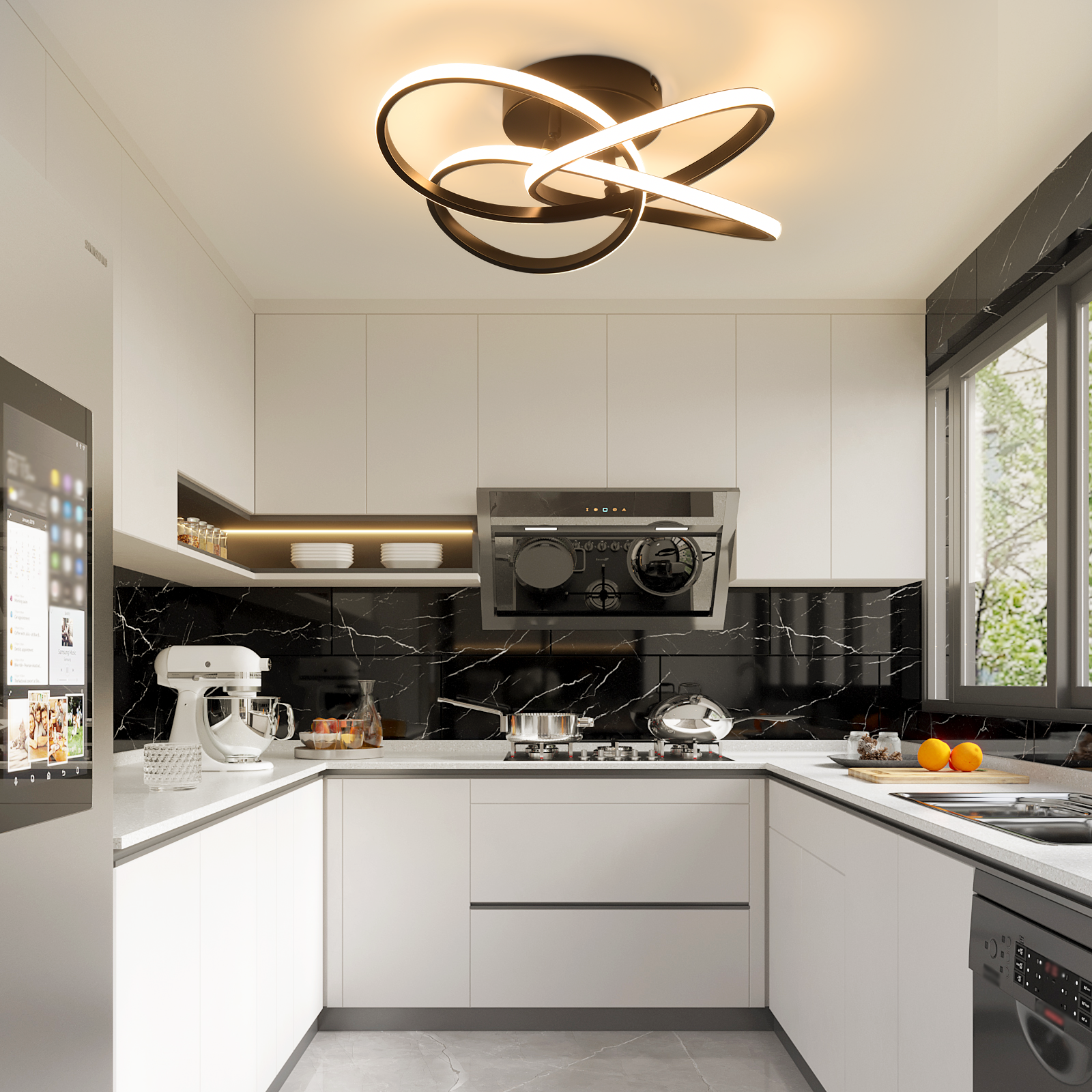 Nowoczesna kuchnia z układem w kształcie litery U, ze stylową lampą sufitową i marmurowymi akcentami.