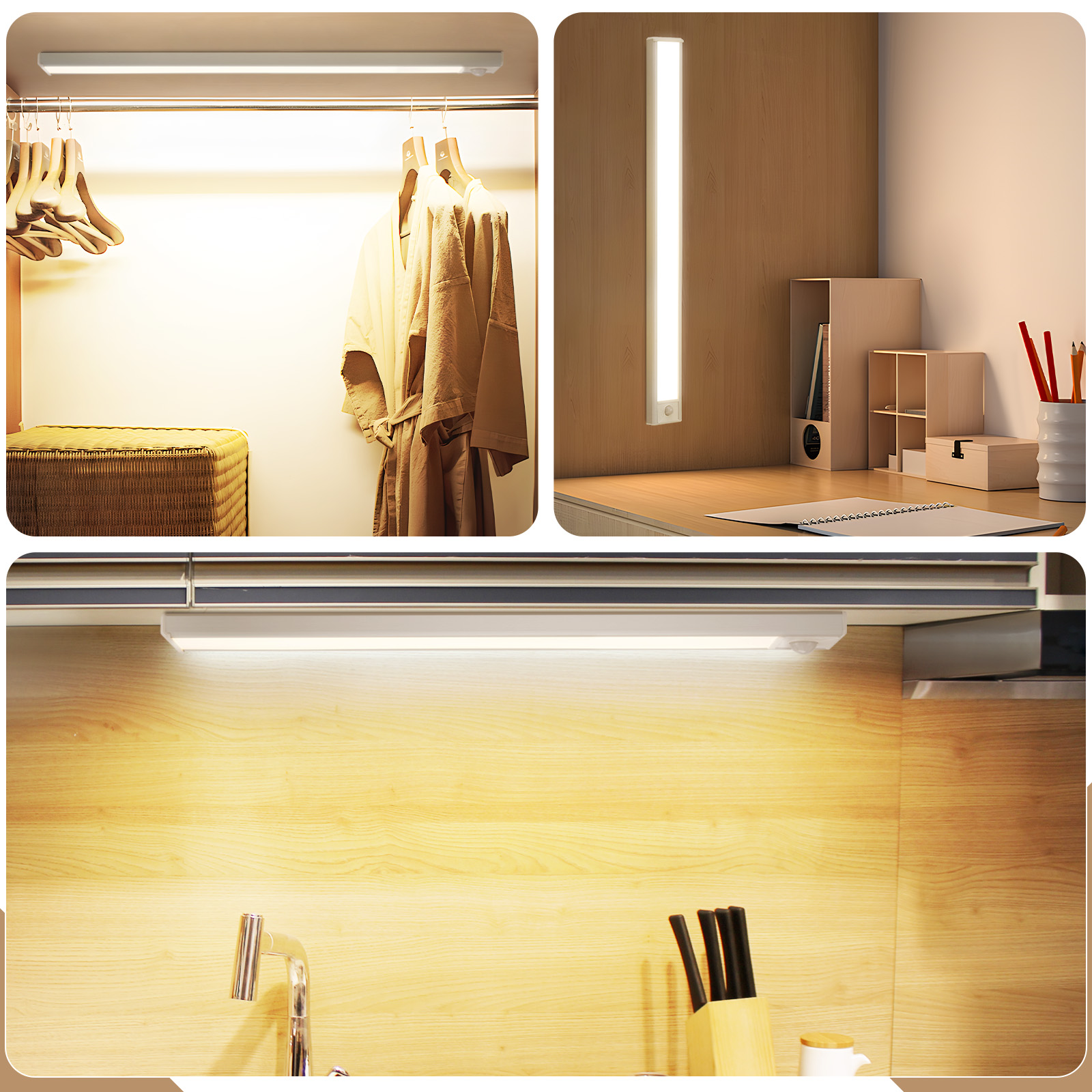 Strisce luminose a LED in diverse ambientazioni: armadio con vestiti, una scrivania e sotto i pensili della cucina con utensili.