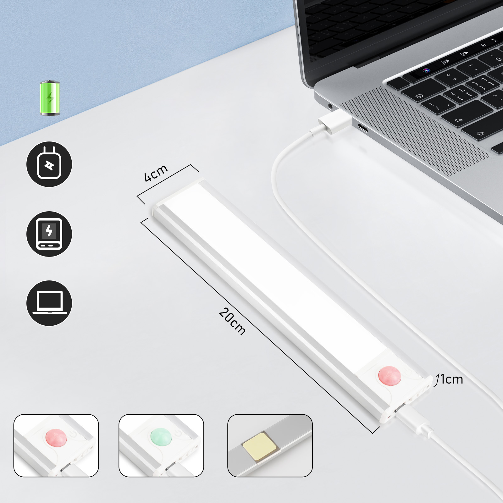 Barra luminosa a LED bianca con dimensioni, collegata a un laptop tramite USB. Icone che mostrano la ricarica e l'alimentazione.