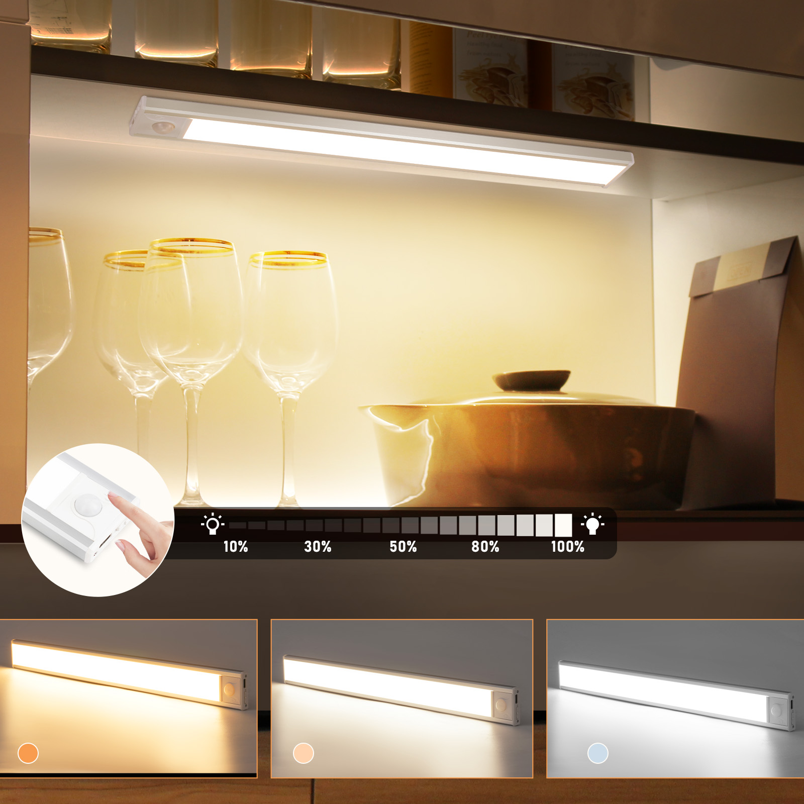 Striscia luminosa a LED installata sotto un armadio con impostazioni di luminosità regolabili, con tre diverse temperature di colore.