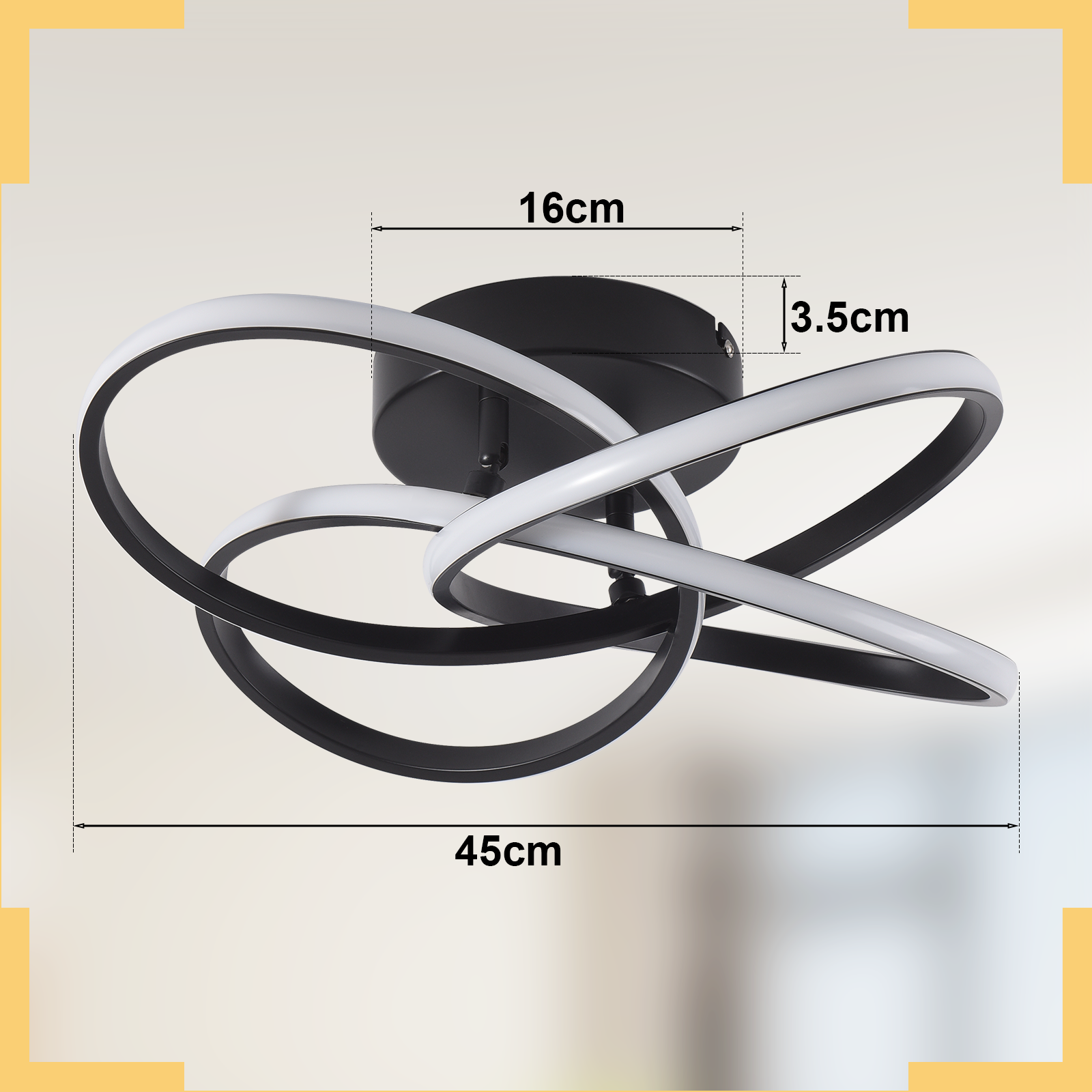 Lampa sufitowa z wirującym wzorem i wymiarami. Światło jest czarne z białymi, zakrzywionymi elementami świetlnymi.