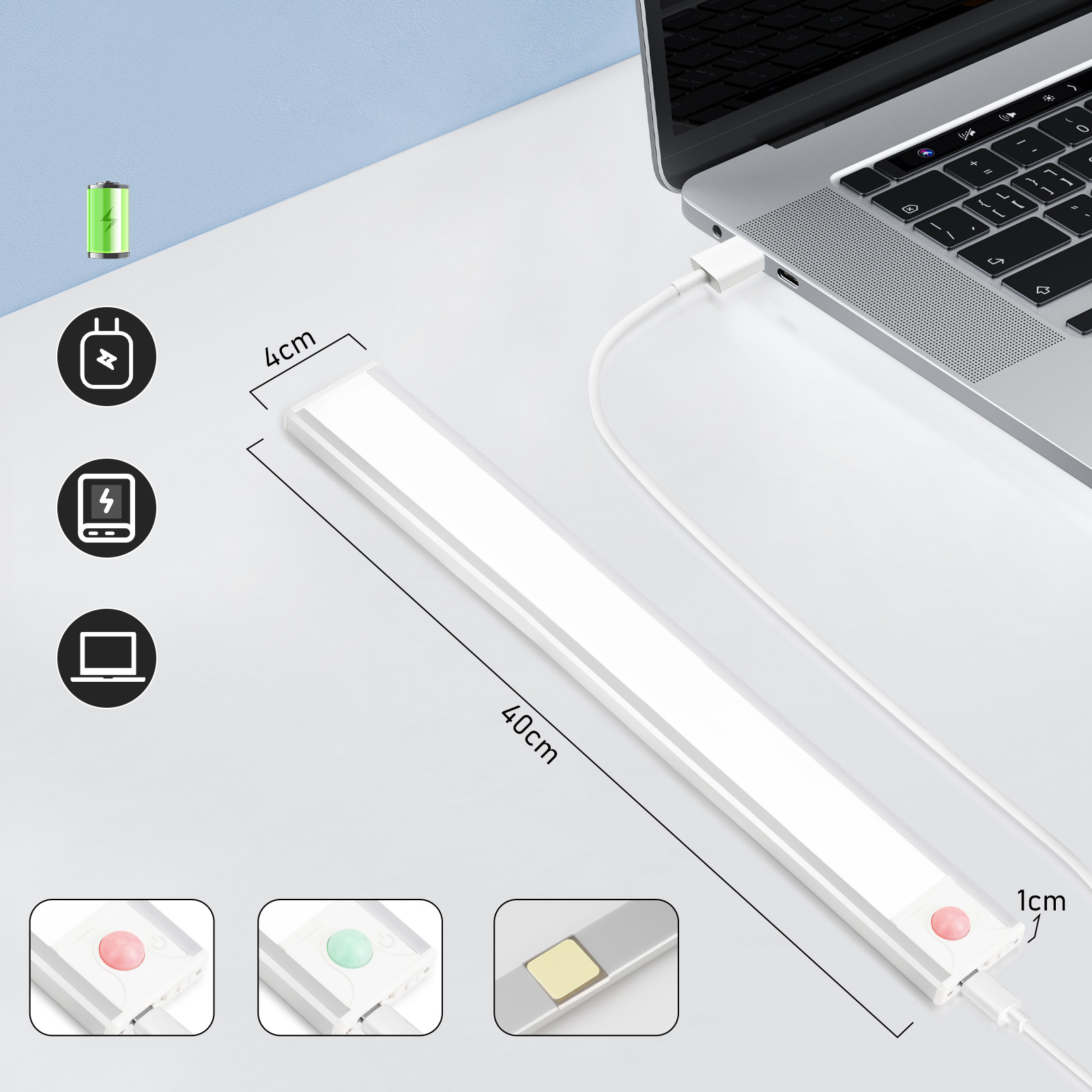 Barra luminosa a LED bianca con dimensioni, collegata a un laptop tramite USB. Icone che mostrano la ricarica, l'alimentazione e diverse opzioni di luce.