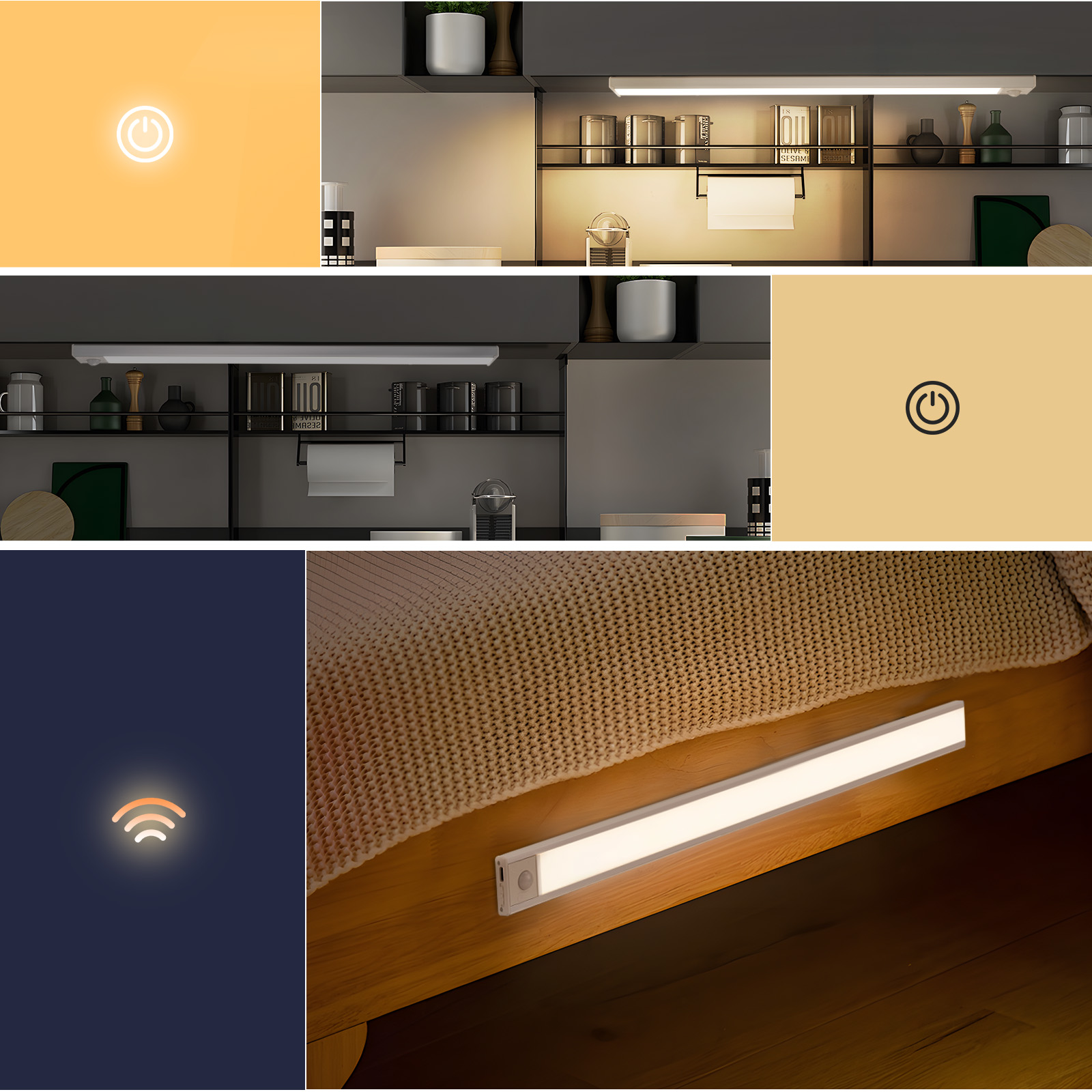 L'immagine mostra varie luci a LED in diverse impostazioni. Sono presenti icone di accensione/spegnimento.