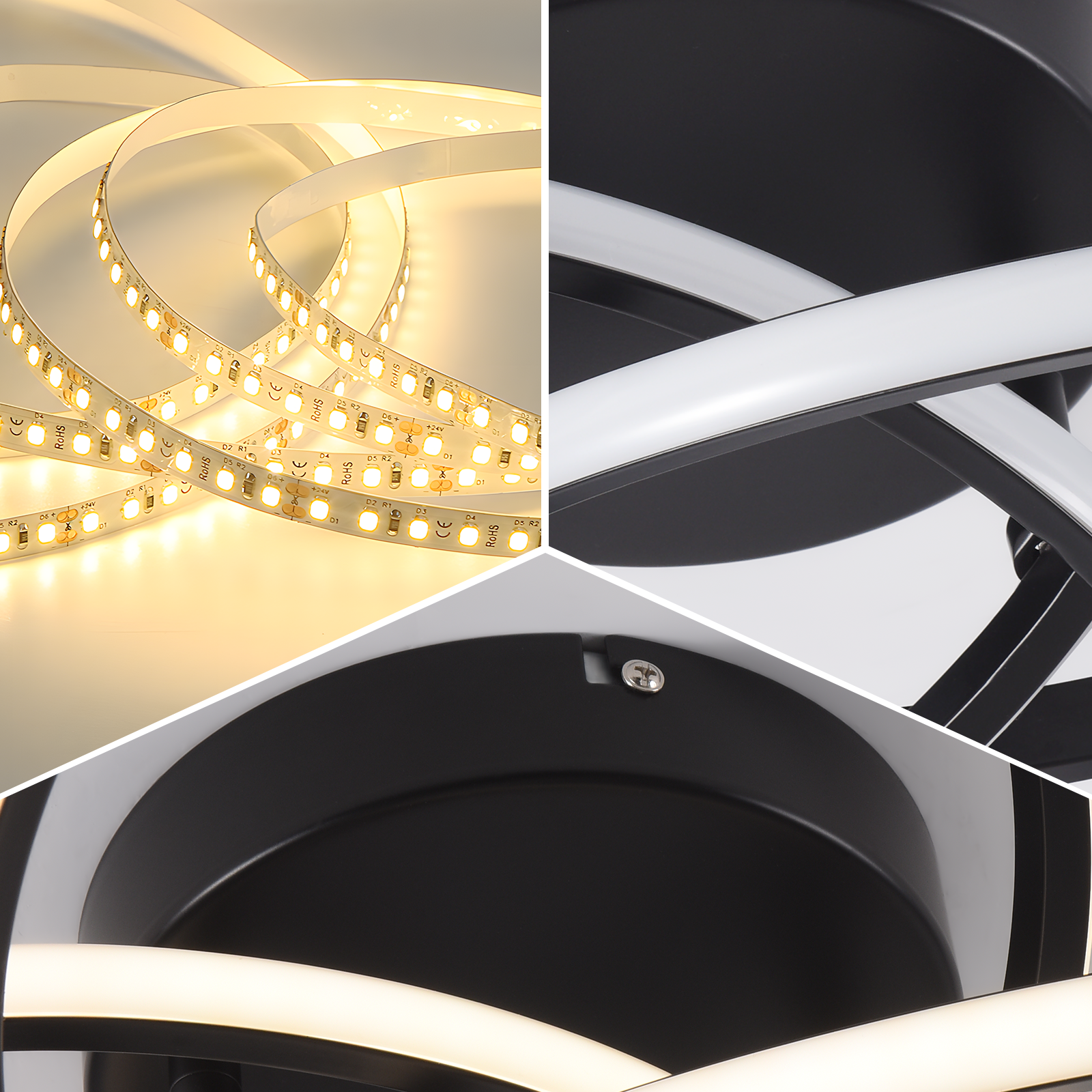 Zbliżenie na paski LED i nowoczesną konstrukcję lampy sufitowej z czarną podstawą.