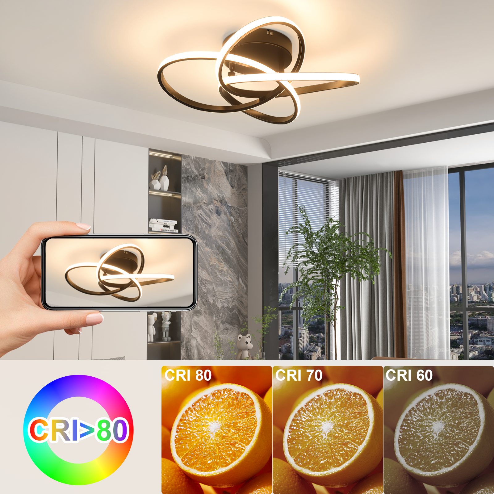 Osoba trzyma telefon z lampą sufitową. Obraz zawiera skalę CRI i pomarańcze do porównania kolorów.