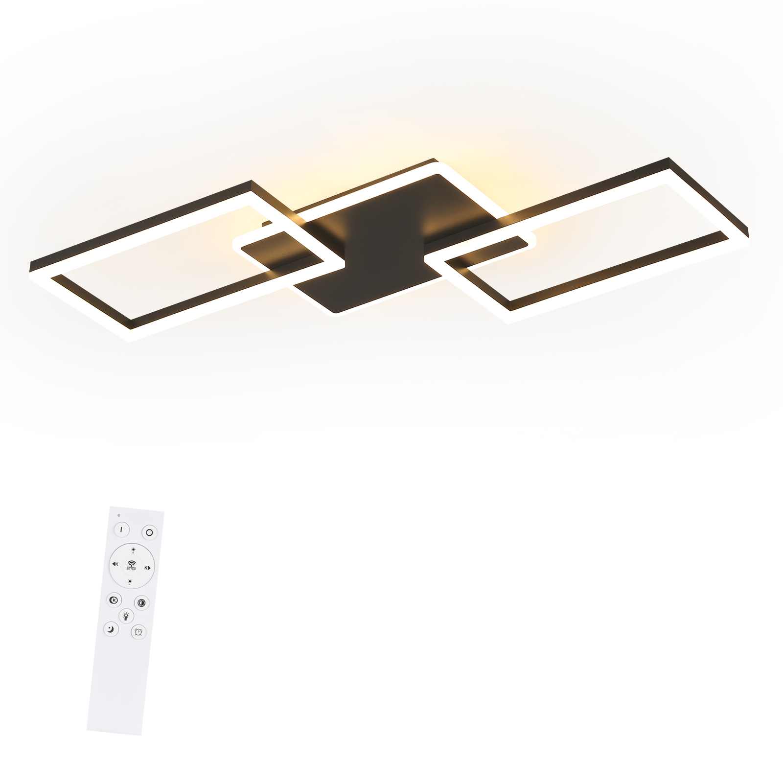 Una lampada da soffitto con tre lampade rettangolari. Un telecomando è posizionato nella parte inferiore dell'immagine.