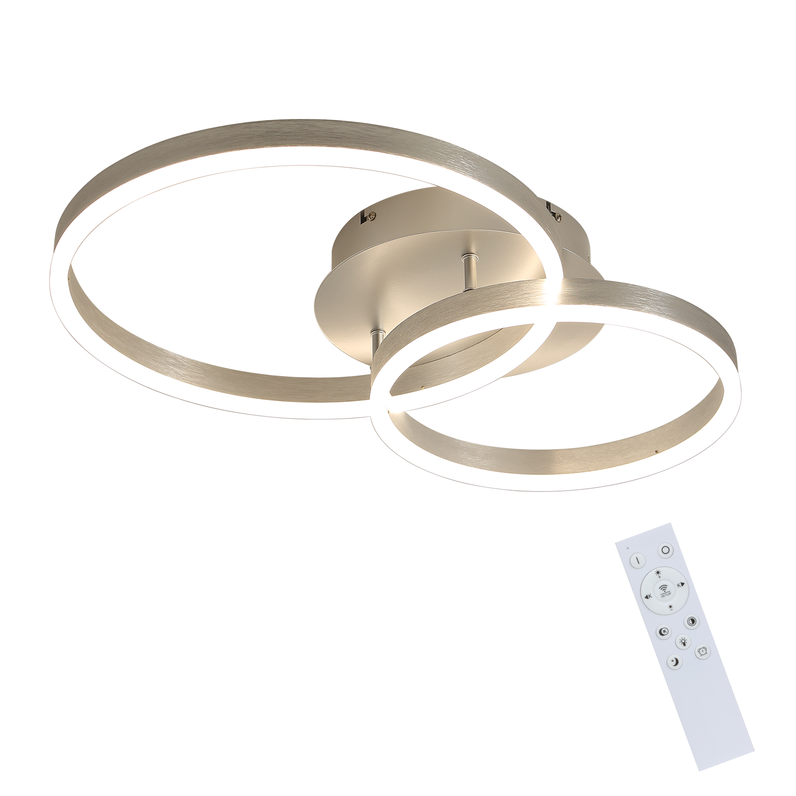 Nowoczesna lampa sufitowa z dwoma przecinającymi się pierścieniami, sterowana pilotem. Tło jest gładkie białe.