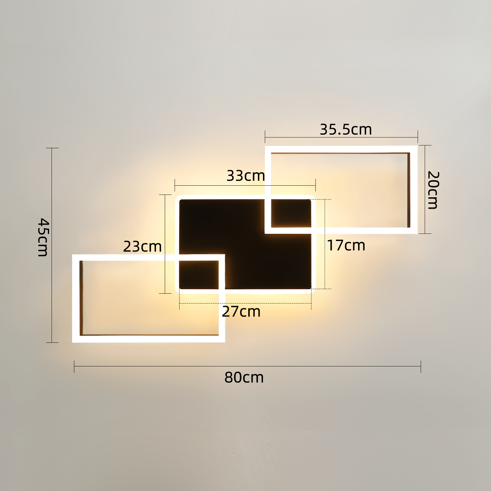 Moderne Deckenleuchte mit Maßen an der Wand.