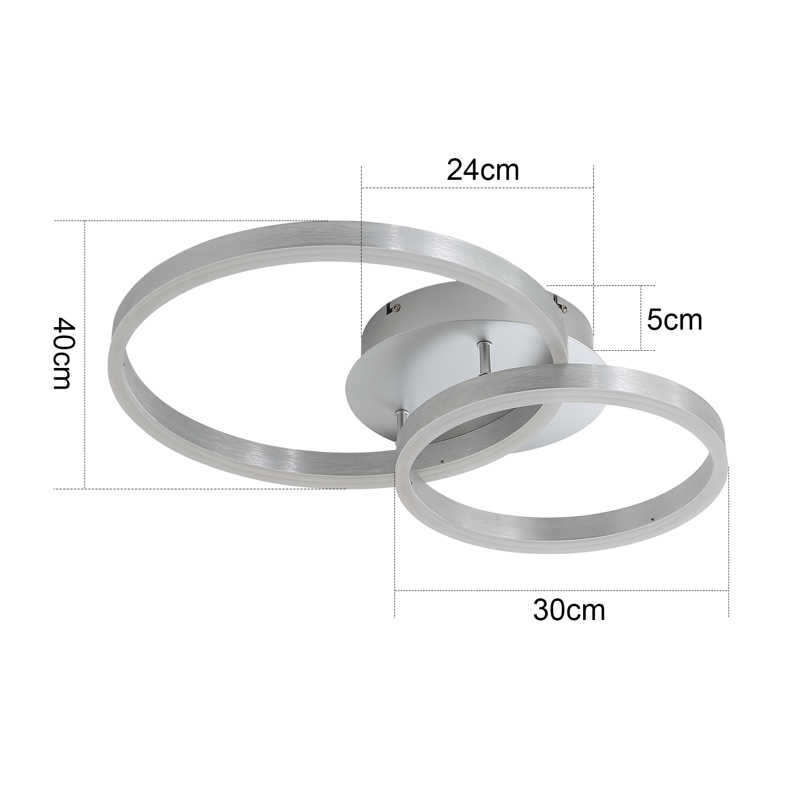 Zbliżenie oprawy oświetlenia sufitowego z dwoma srebrnymi pierścieniami. Wyświetlane są wymiary 40 cm x 24 cm x 5 cm.