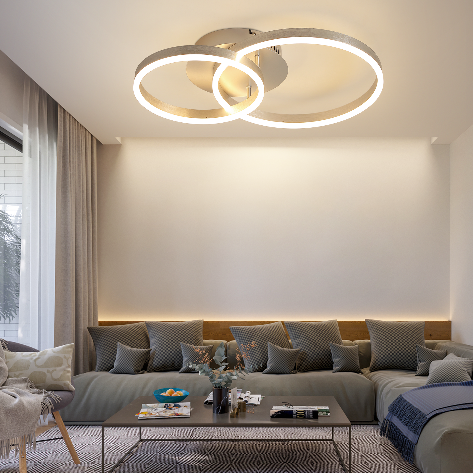 Nowoczesny salon z lampą sufitową i meblami.