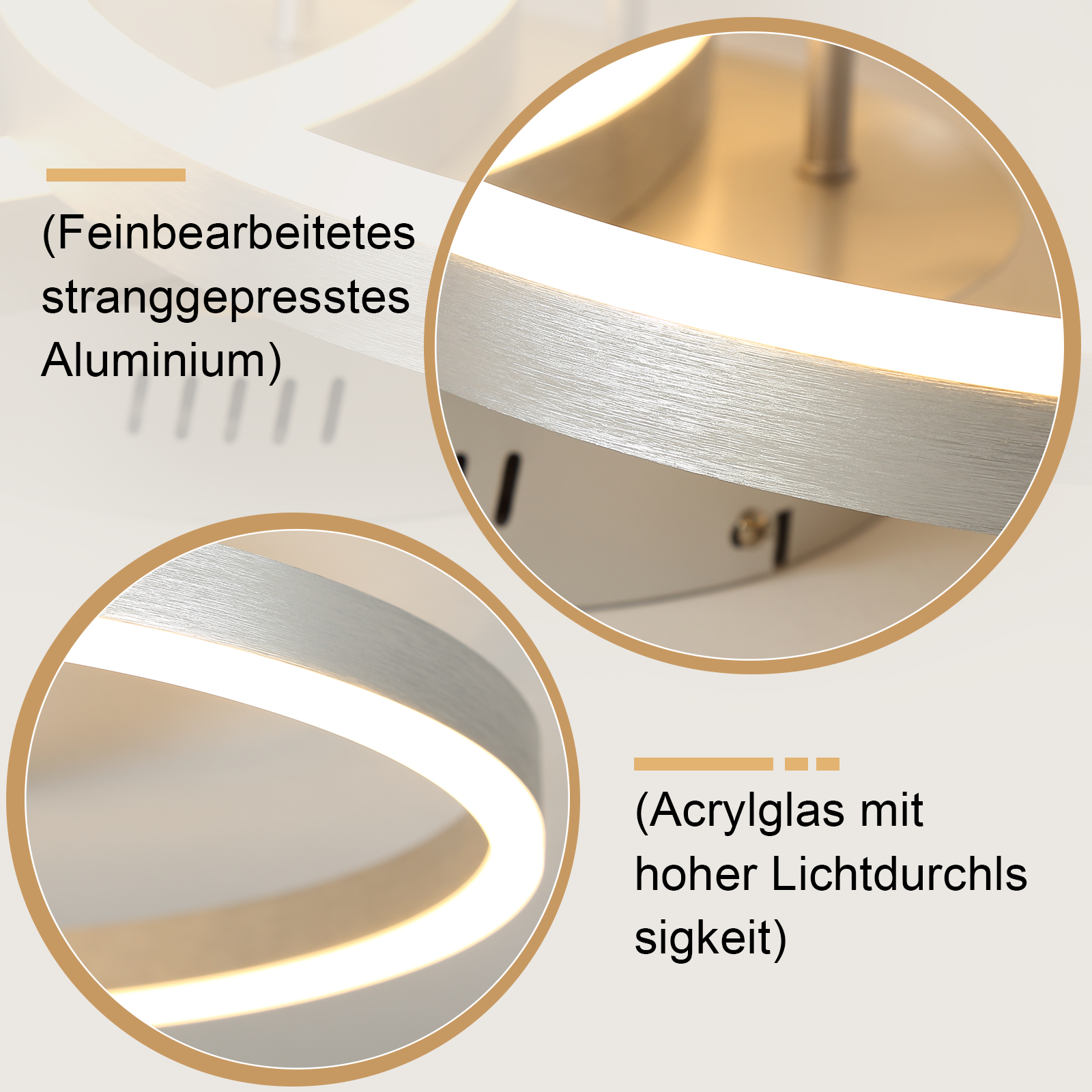 Zbliżenie oprawy oświetlenia sufitowego z dwoma srebrnymi pierścieniami i niemieckim tekstem opisującym materiały.