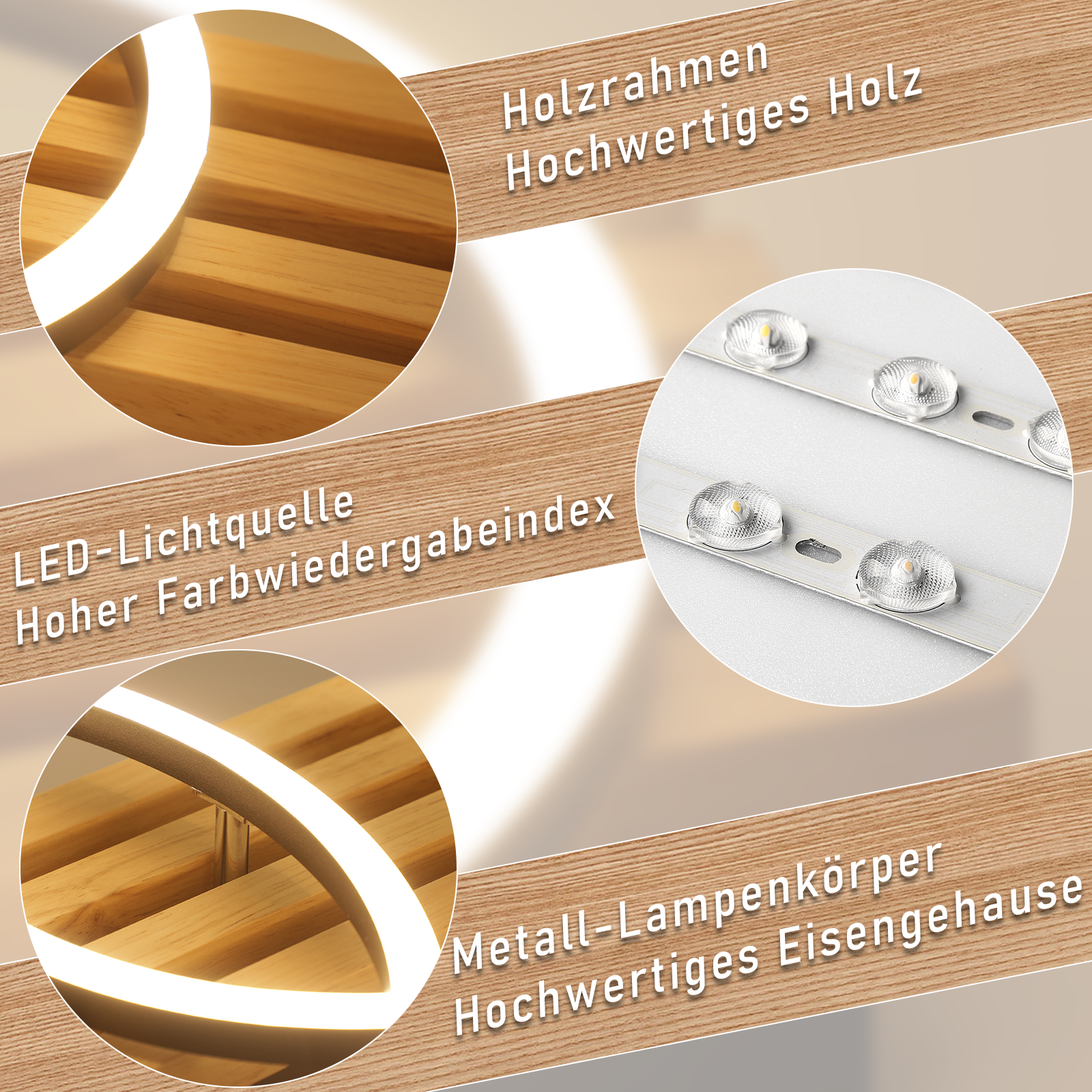 Primer plano de una lámpara de techo con madera y luces LED. El texto en alemán detalla los materiales utilizados.