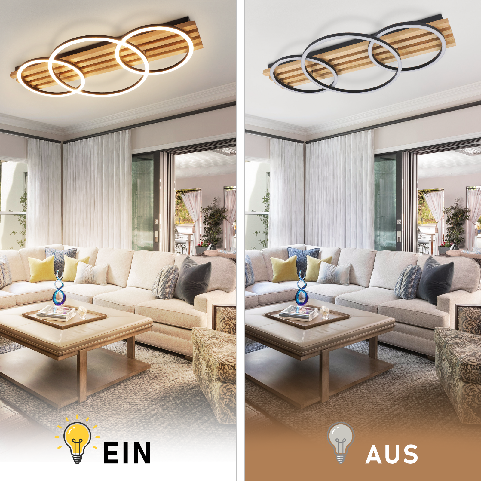 Una sala de estar con una lámpara de araña de madera y forma de anillo. La luz está apagada en una imagen y encendida en otra.