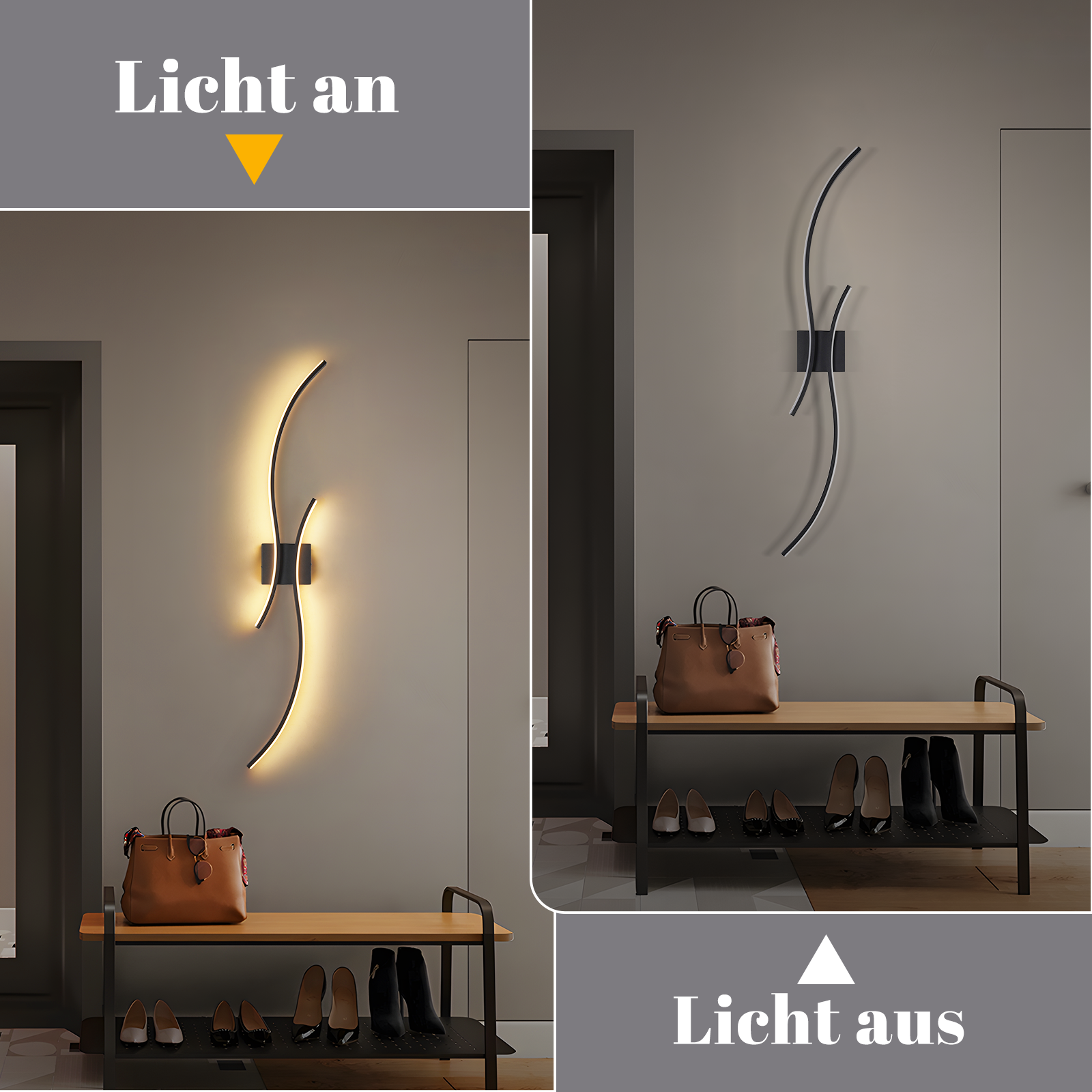 Una lampada da parete dal design moderno. La luce è accesa in un'immagine e spenta in un'altra. C'è una borsa e delle scarpe.
