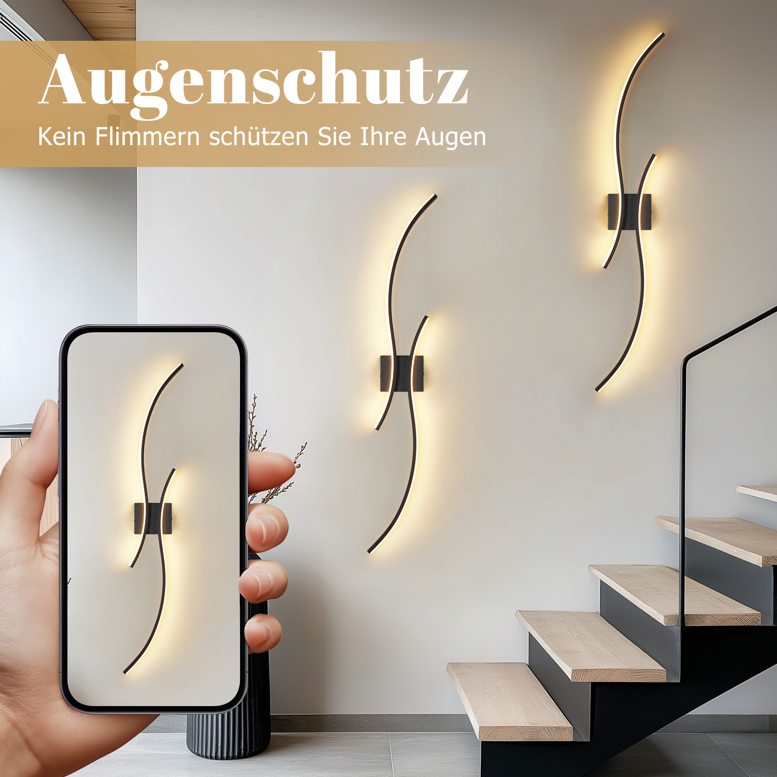 Una persona che tiene un telefono che mostra un design di lampada da parete.