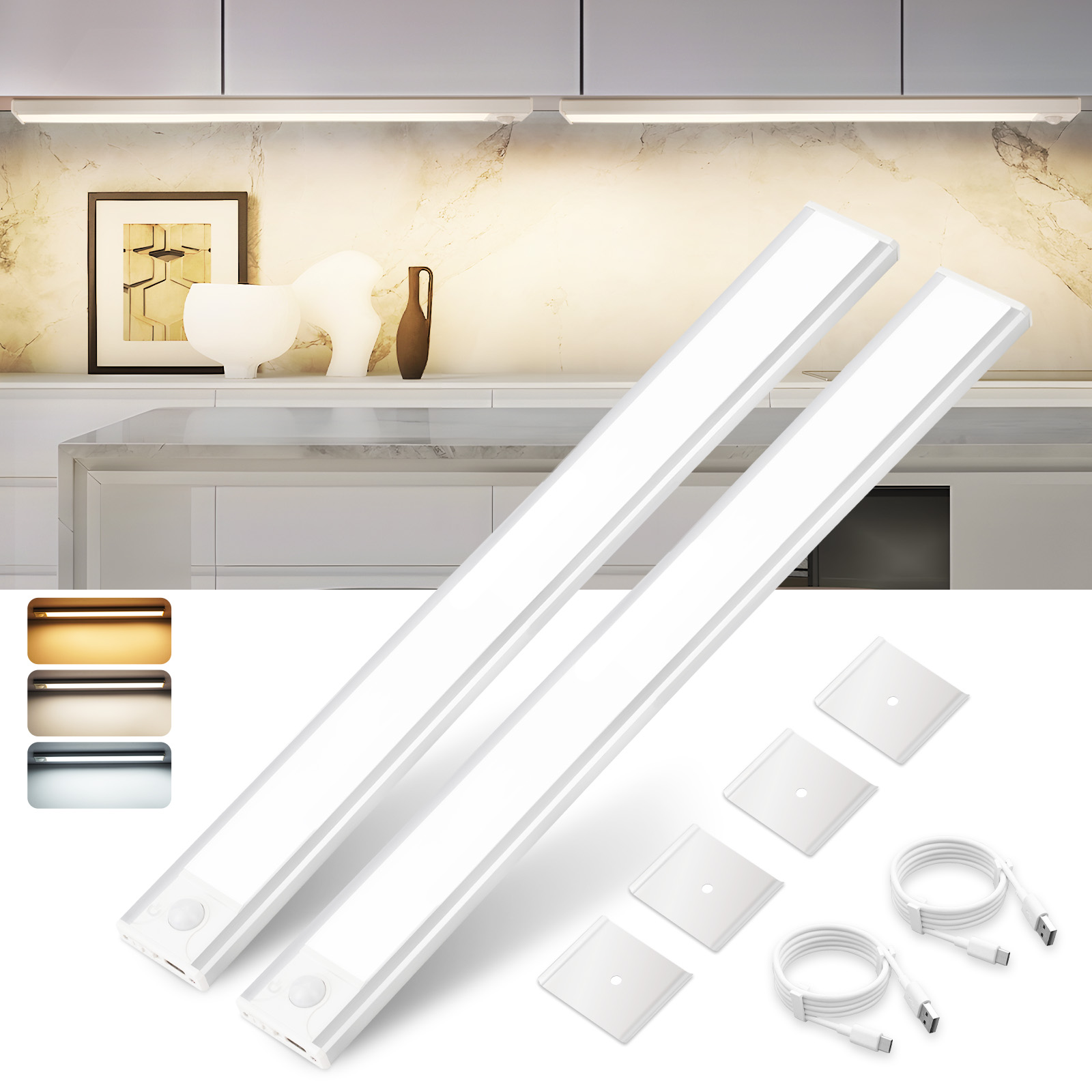 Due luci sottopensile con molteplici accessori di montaggio e connettori. Vengono visualizzati tre colori di luce.