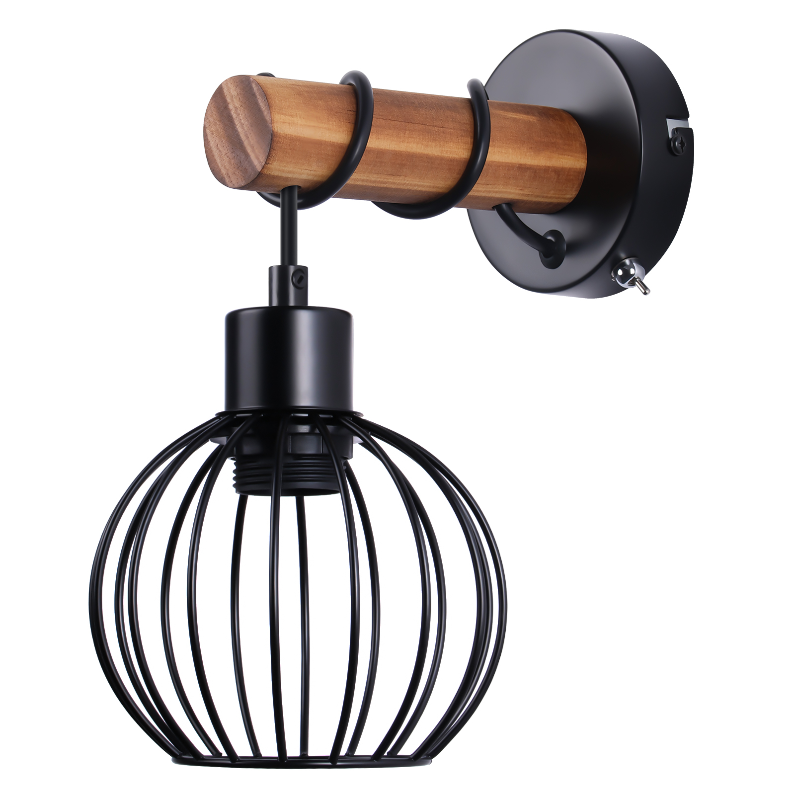 Lampada da parete con braccio in legno, paralume a gabbia nero e lampadina Edison.