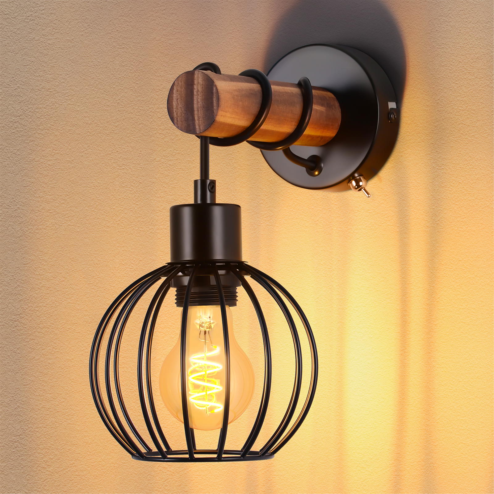 Lampada da parete con paralume a gabbia e lampadina E27.
