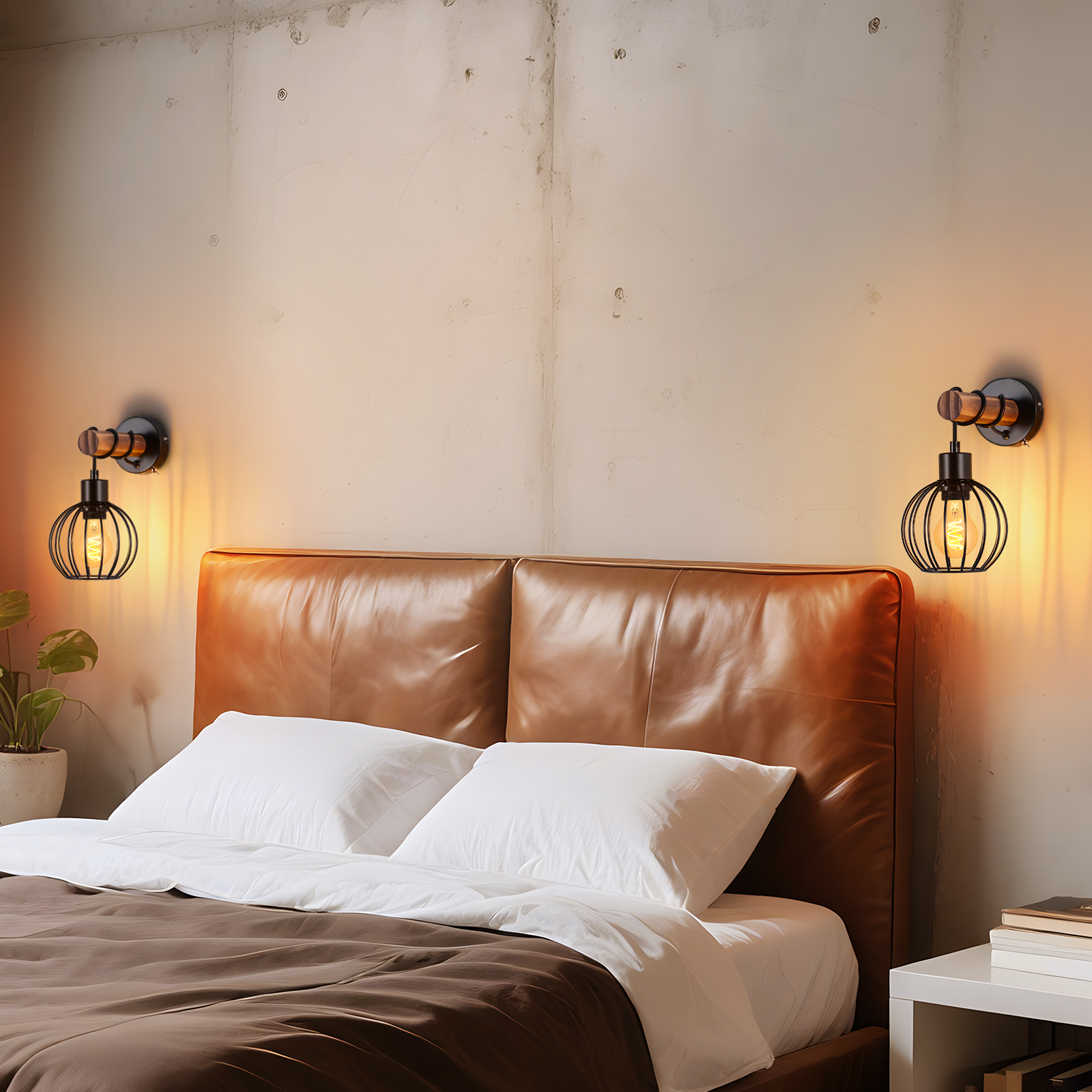 Camera da letto con testiera marrone e due lampade da parete su un muro strutturato.