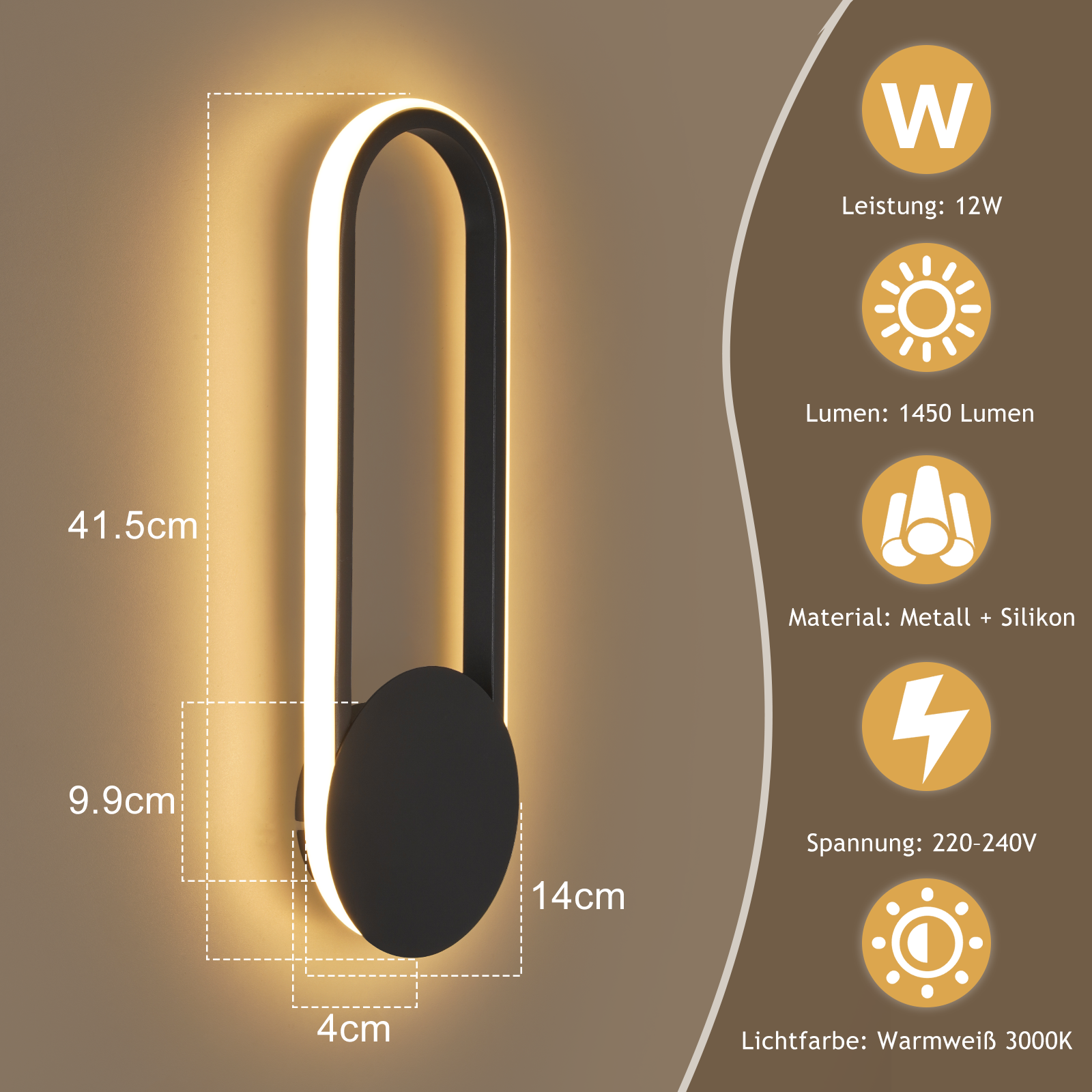 Lampada da parete moderna con dimensioni e specifiche. Design bianco e nero, con accento circolare.