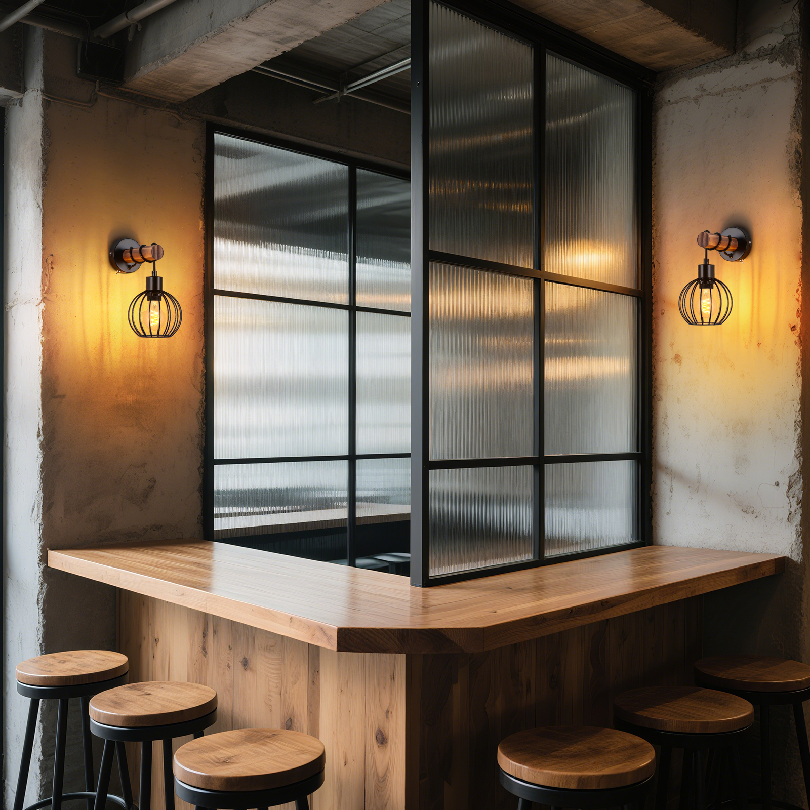 Area bar con bancone in legno, sgabelli e due luci decorative. Una parete divisoria in vetro.