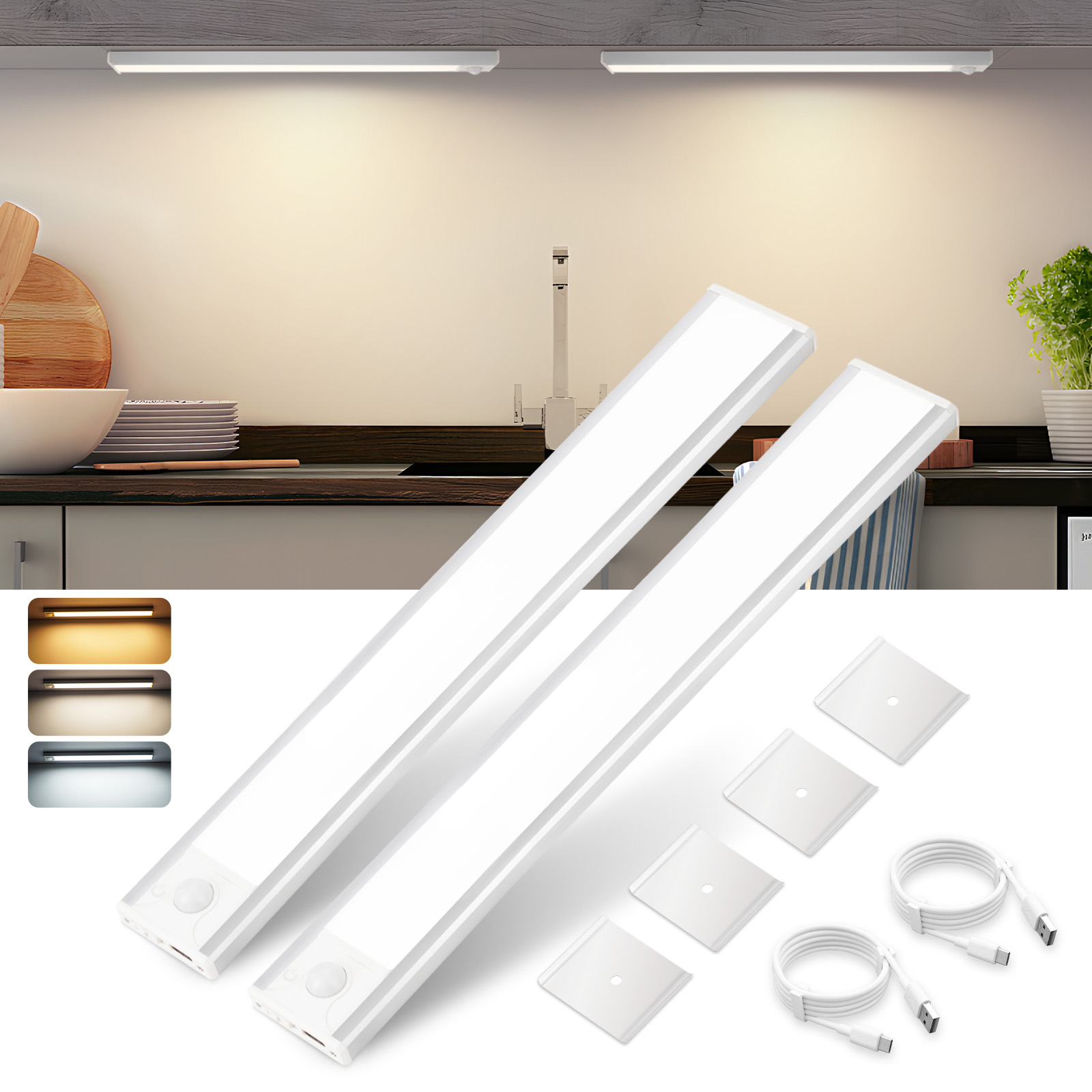 Kuchnia z dwiema białymi listwami LED, akcesoriami montażowymi i opcjami temperatury barwowej.