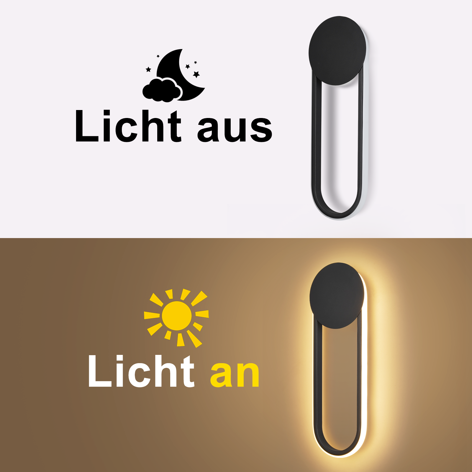 Due immagini che mostrano una lampada da parete. Una mostra la luce spenta, l'altra accesa, con un'icona sole/luna.