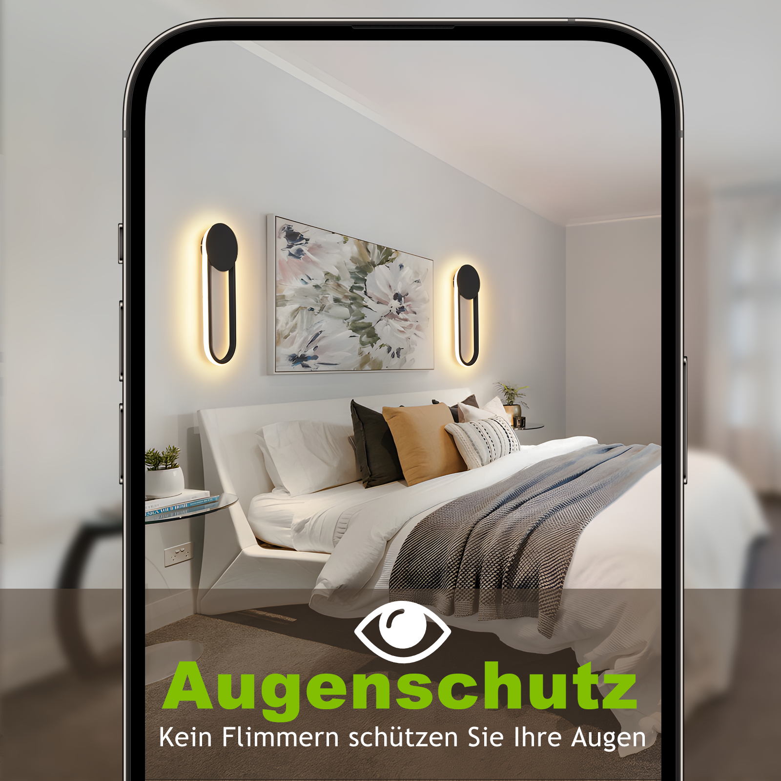 Immagine di una scena di camera da letto. Uno smartphone mostra due applique sopra un letto. Testo: 'Protezione degli occhi'.
