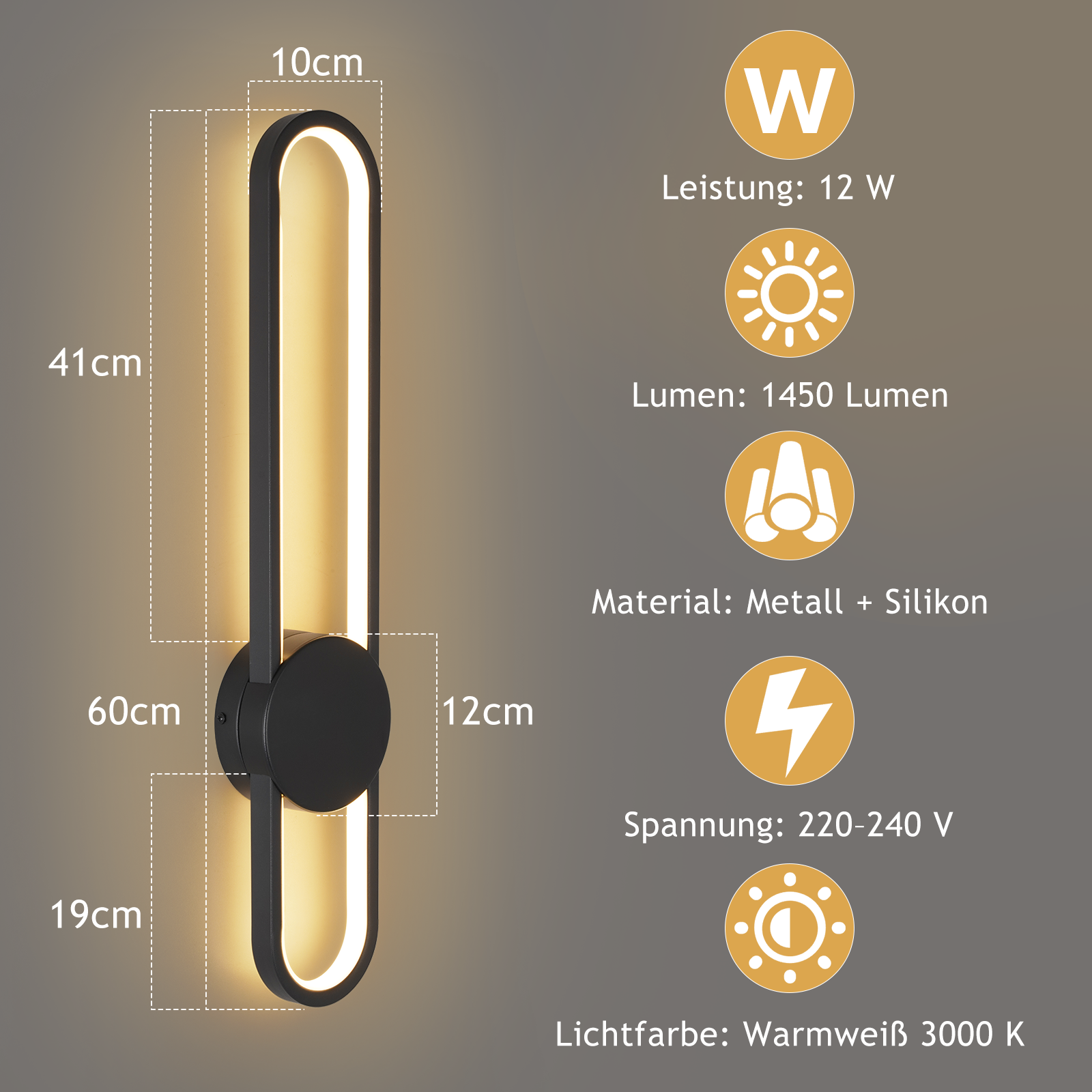 Lampada da parete moderna con dimensioni e specifiche. Design bianco e nero, con accento circolare.
