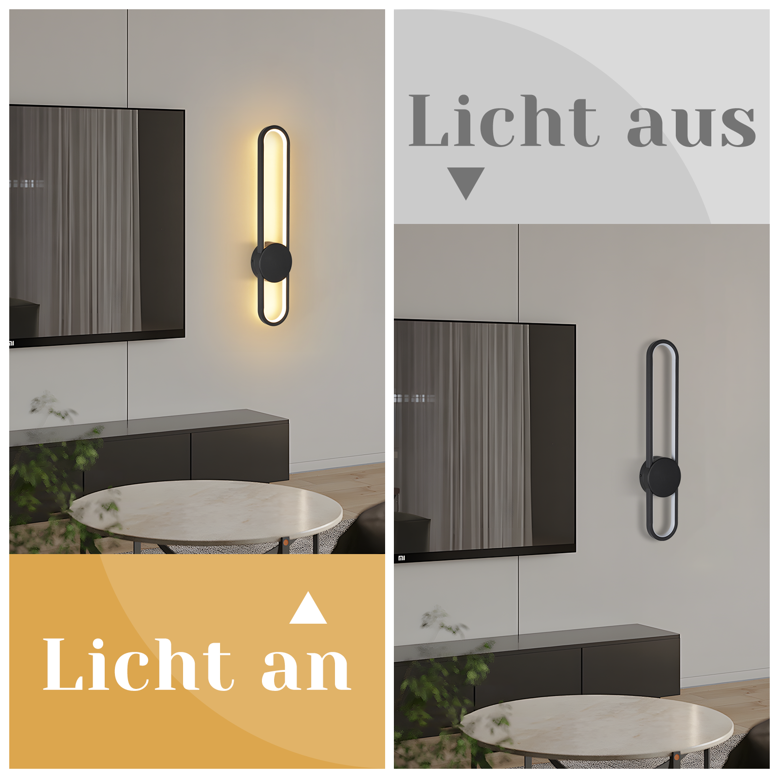 Due immagini che mostrano lampade da parete. Una mostra la luce accesa, l'altra spenta, con TV e decorazioni.