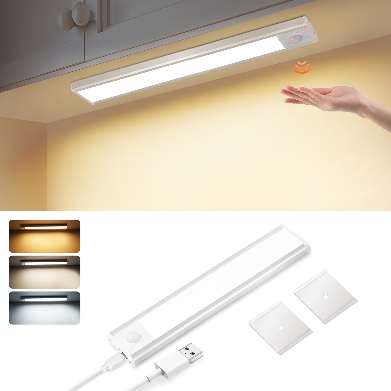 Immagine che mostra la luce LED sotto il mobile con gesto della mano. Luci aggiuntive e cavo USB presenti.