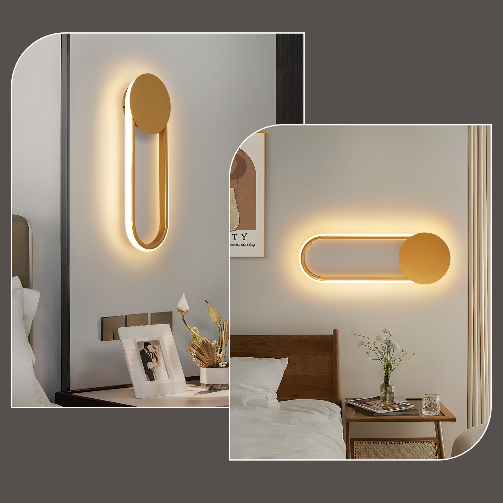 Due immagini che mostrano applique. Una mostra l'applique su un muro, l'altra in una camera da letto.