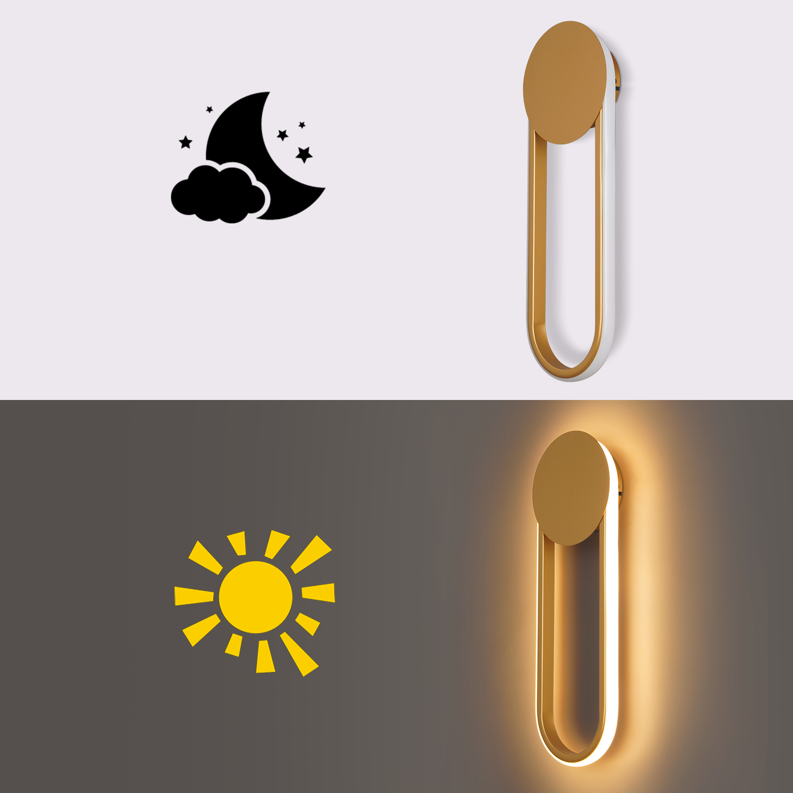 Una lampada da parete moderna. La parte superiore è rotonda, la parte inferiore a forma di U. Mostra anche icone di luna e sole.