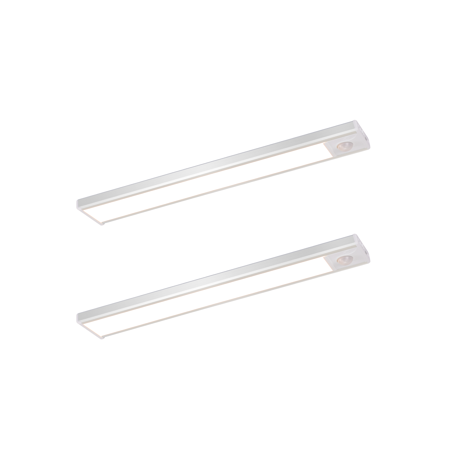 Due luci LED rettangolari argentate, isolate su sfondo bianco.