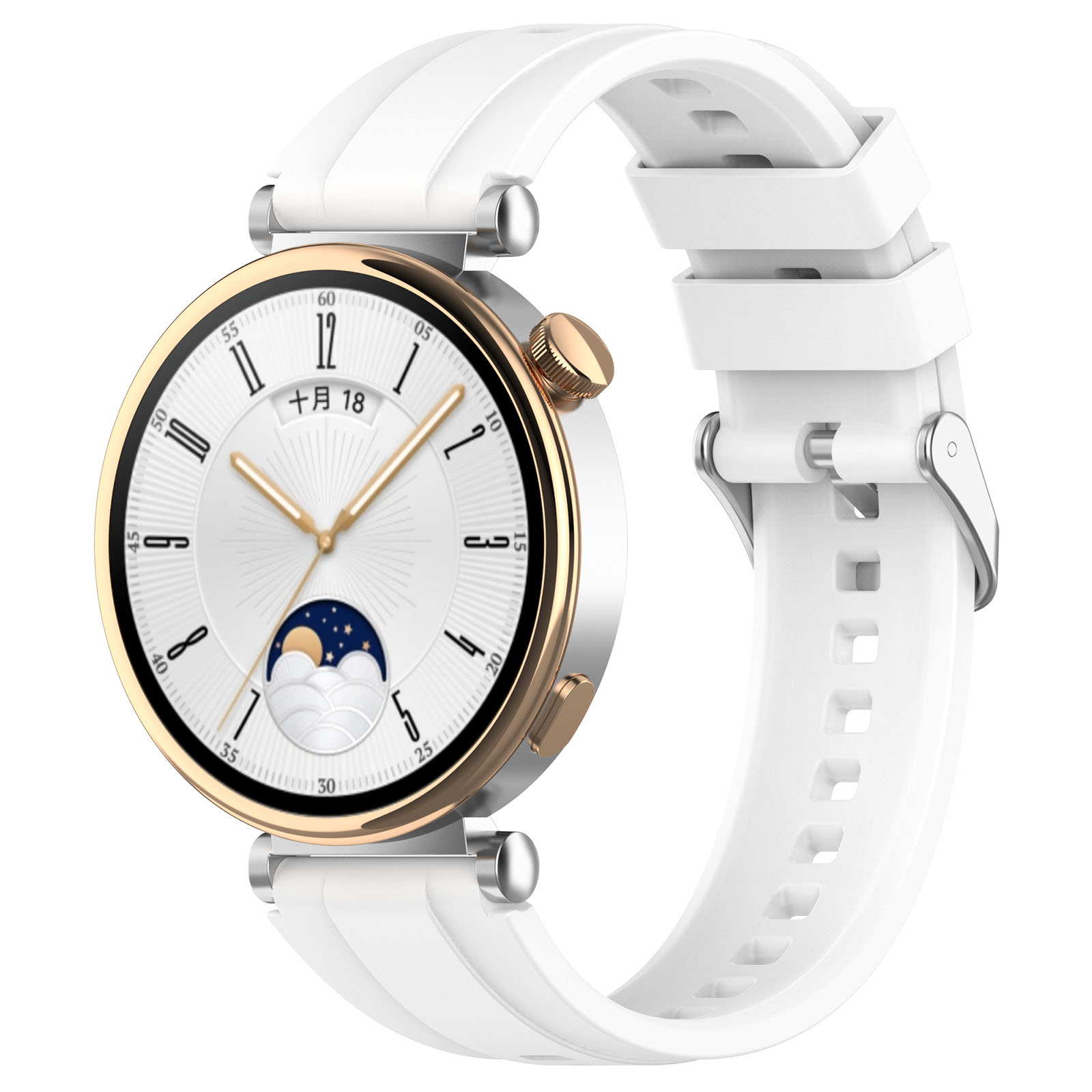 Biały smartwatch ze złotą ramką i białym paskiem. Tarcza wyświetla datę i godzinę.