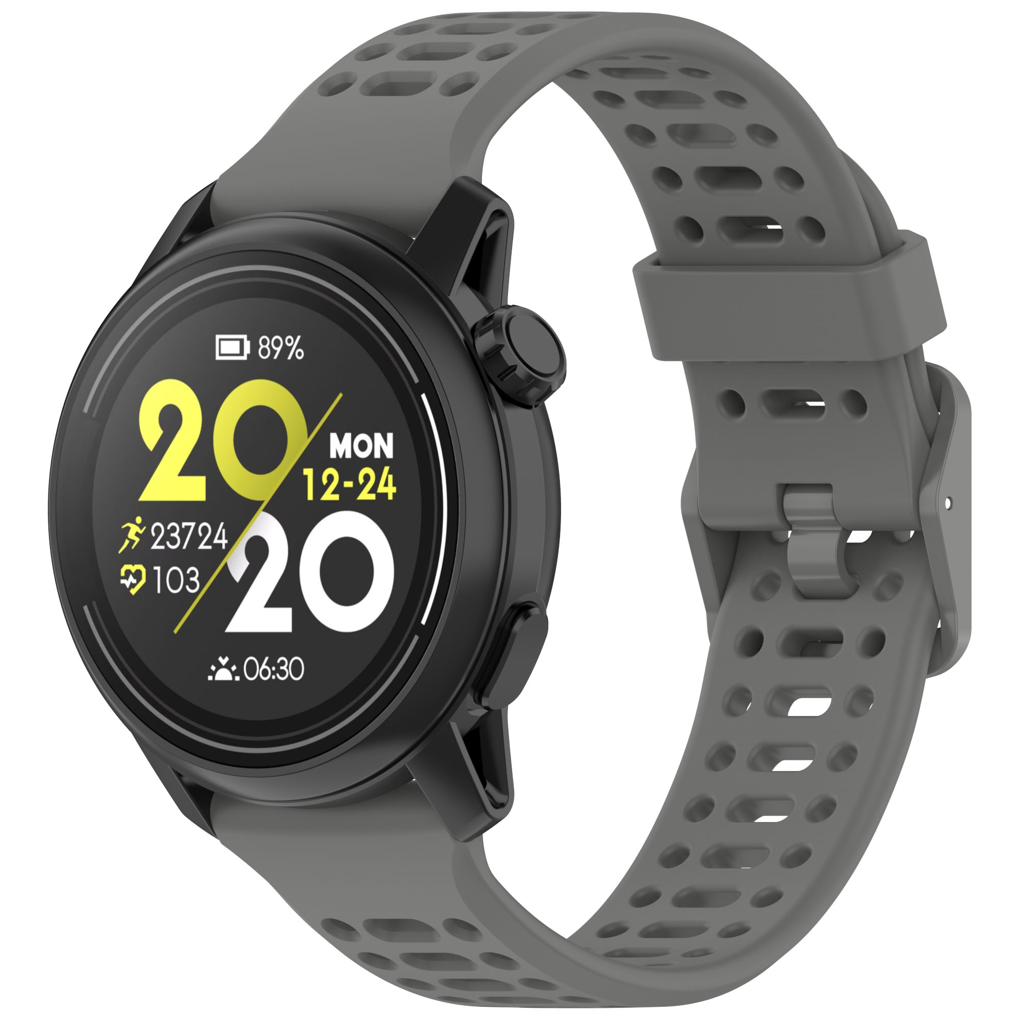 Smartwatch z szarym paskiem. Ekran wyświetla godzinę, kroki i procent baterii.