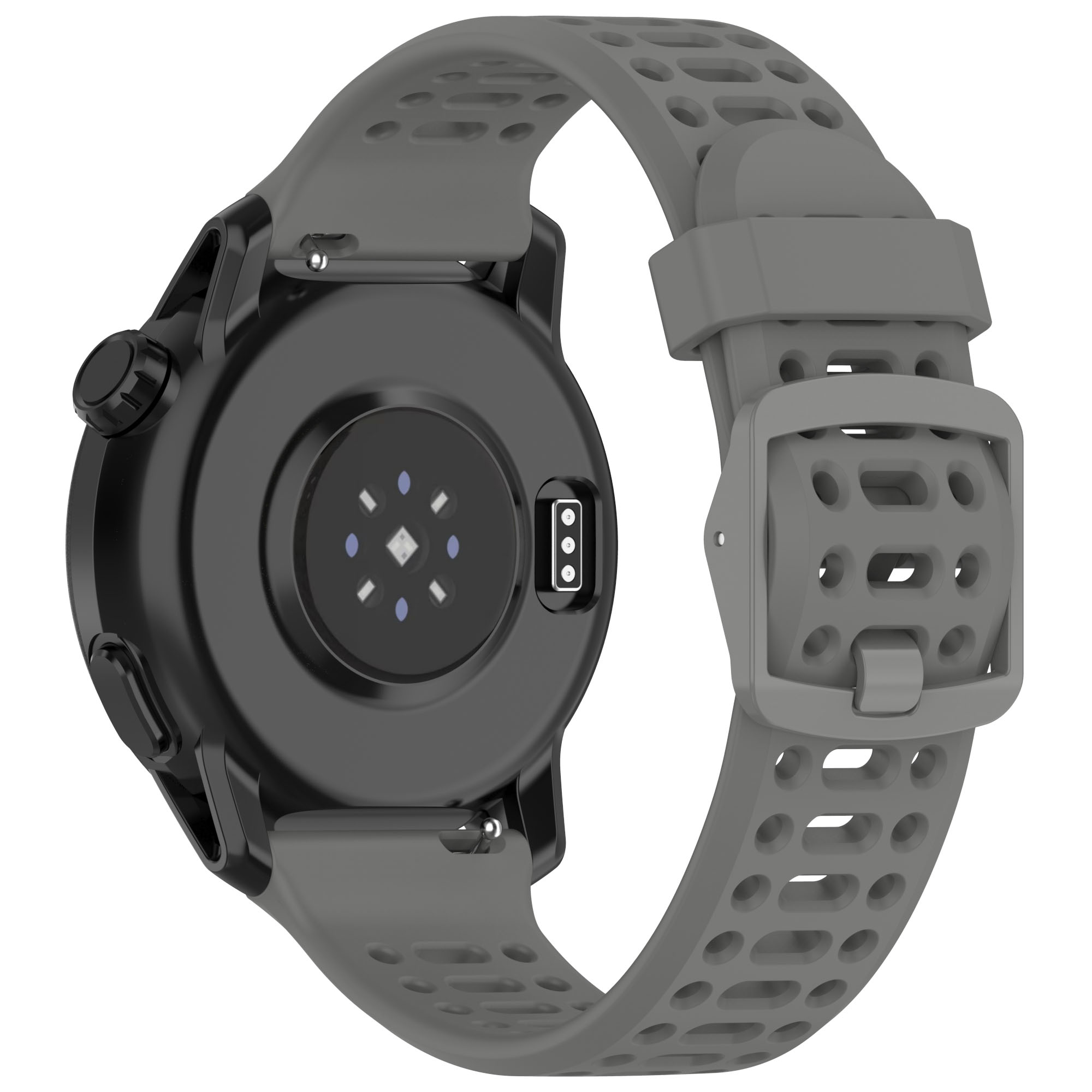 Smartwatch z szarym paskiem, widok z tyłu, pokazujący czujniki i szczegóły zapięcia, na białej powierzchni.