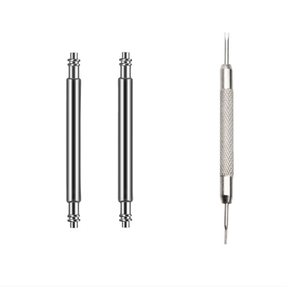 Trzy srebrne pręty sprężynowe do zegarków i narzędzie do usuwania prętów sprężynowych do zegarków na białej powierzchni.