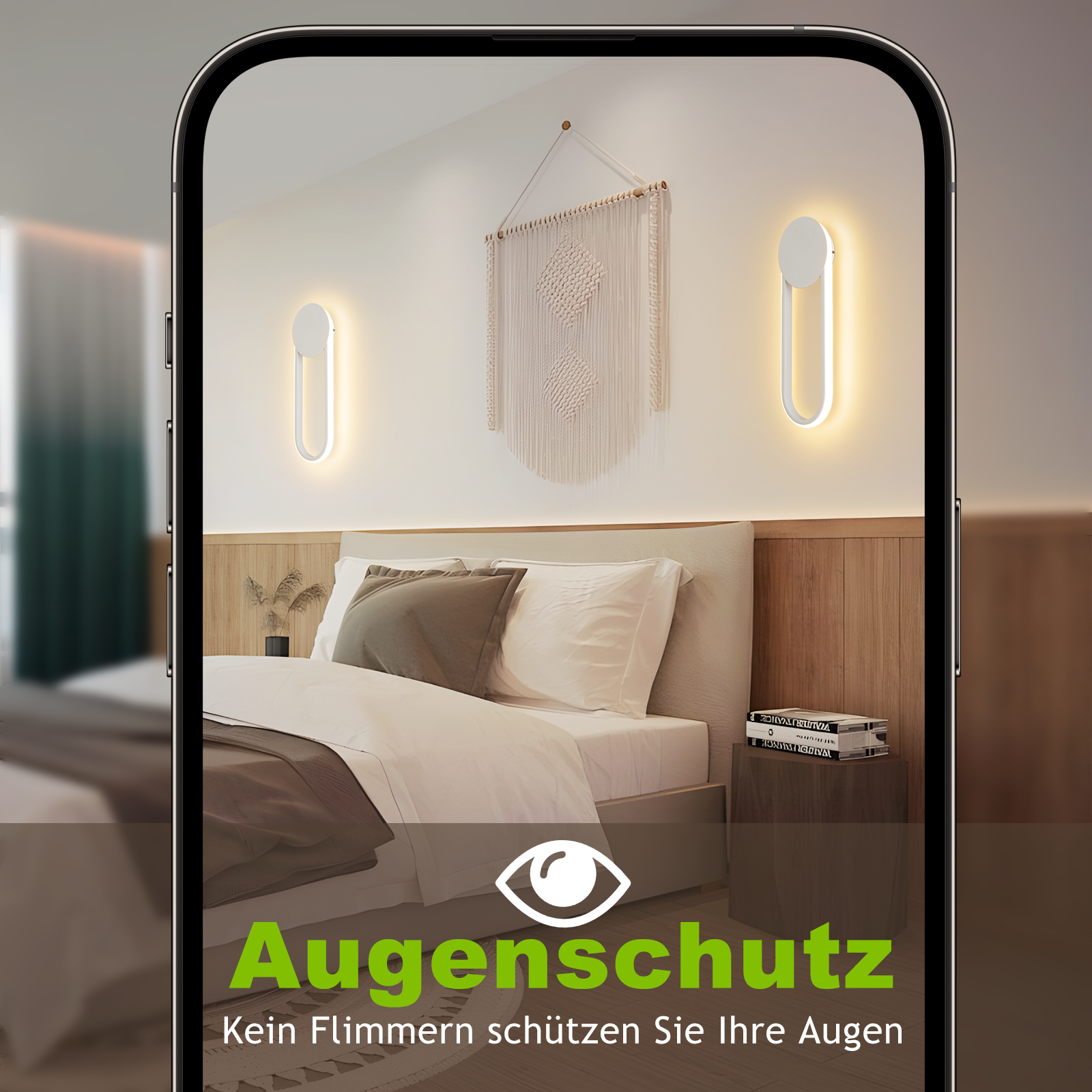 Una camera da letto con due lampade da parete, un letto e il testo: Protezione degli occhi. Senza sfarfallio per proteggere gli occhi.