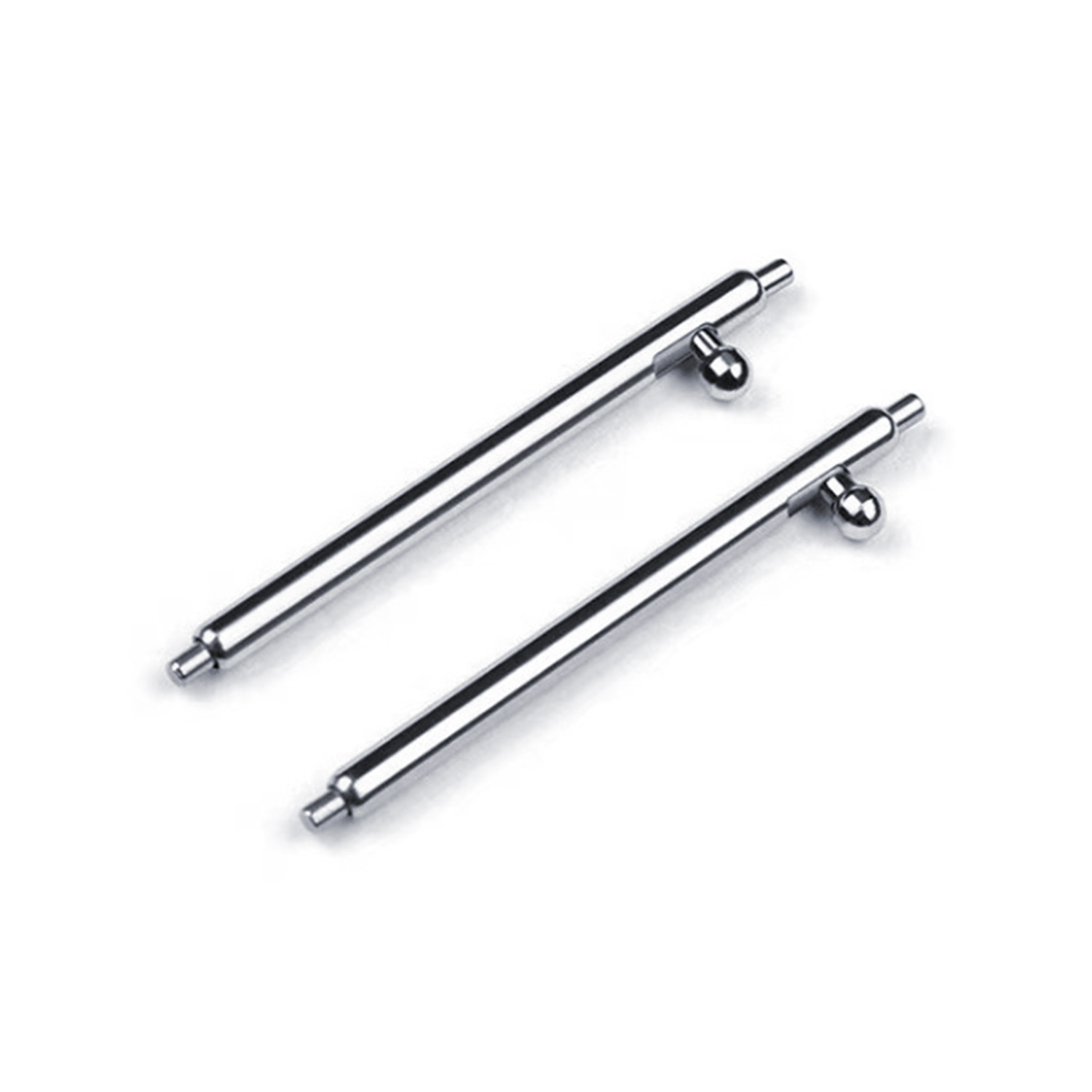 Dwa srebrne szpilki do zegarków z kulistymi końcami, umieszczone pod kątem na białej powierzchni, widok z góry.