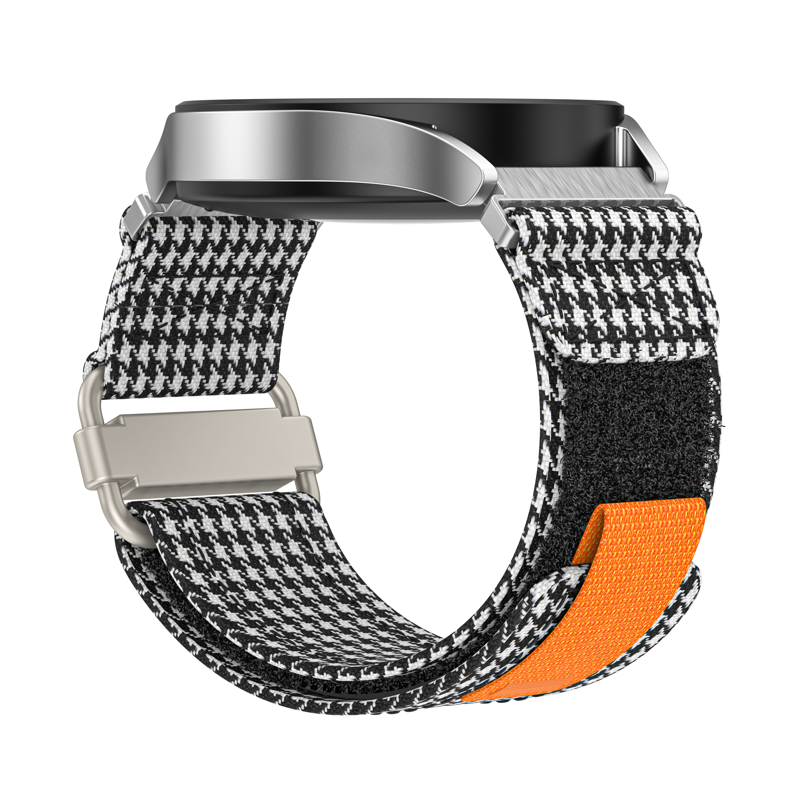 Zegarek z paskiem w pepitkę i pomarańczowym zapięciem. Odizolowany na białym tle.