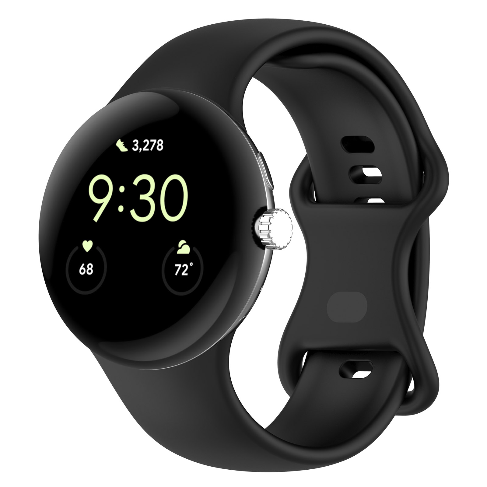 Eine schwarze Smartwatch mit schwarzem Armband, die Zeit, Herzfrequenz und Temperatur anzeigt.