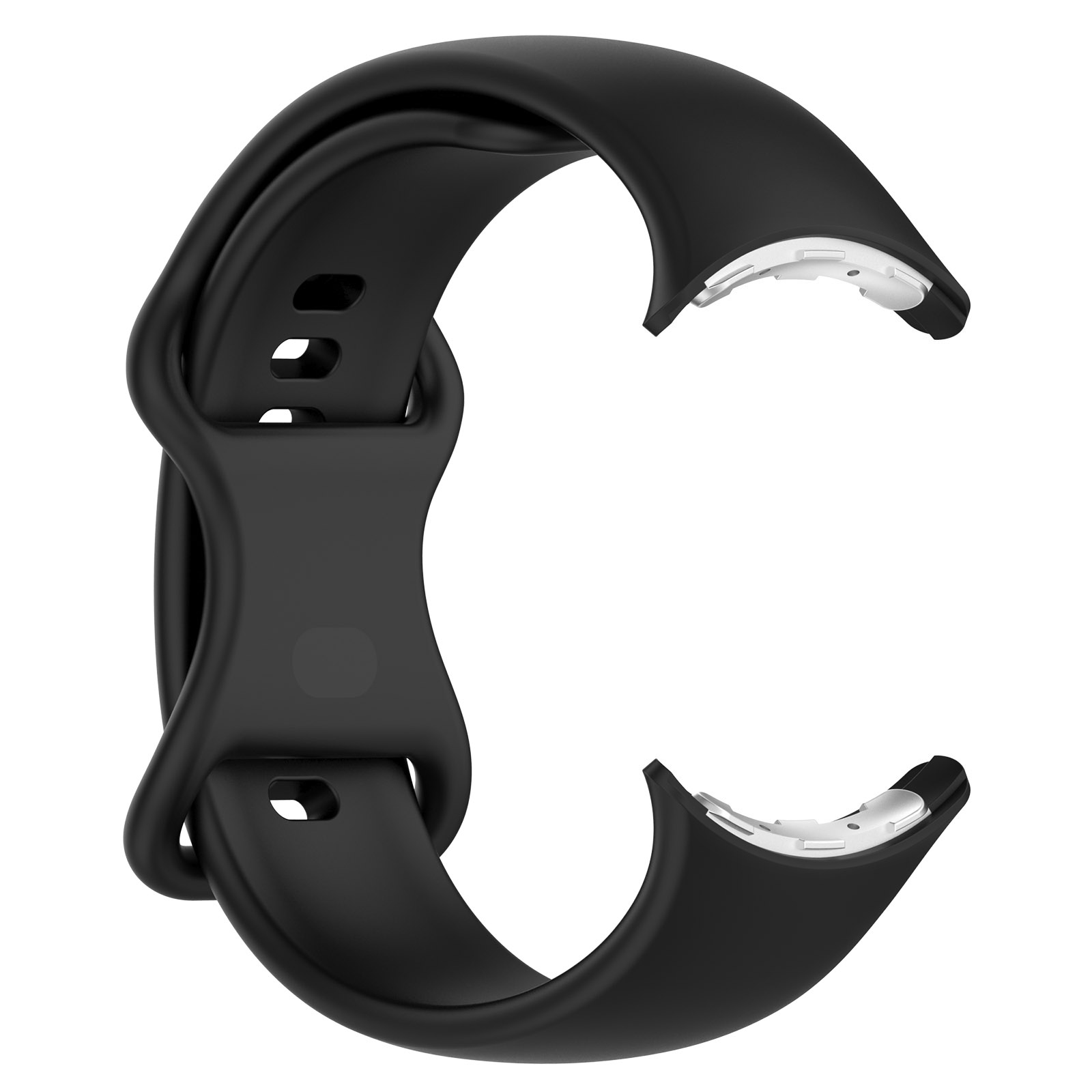 Ein schwarzes Uhrenarmband mit geschwungenem Design. Das Band hat Löcher und Befestigungspunkte.
