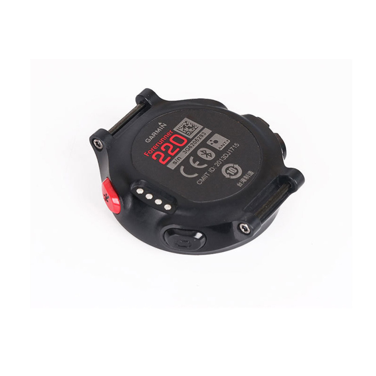 Czarny zegarek Garmin Forerunner 220, widok z tyłu, z czerwonym przyciskiem i białym tekstem na czarnej powierzchni.