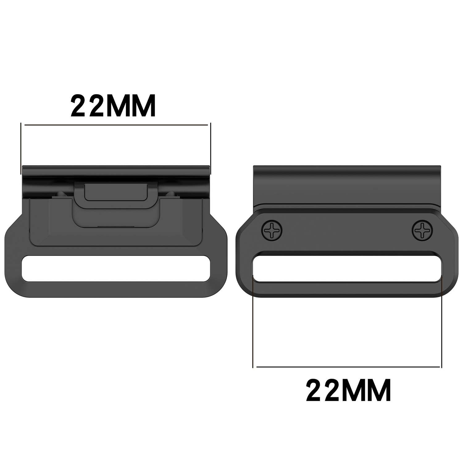 Dwa czarne elementy łączące paska do zegarka obok siebie, z wymiarami 22 mm.