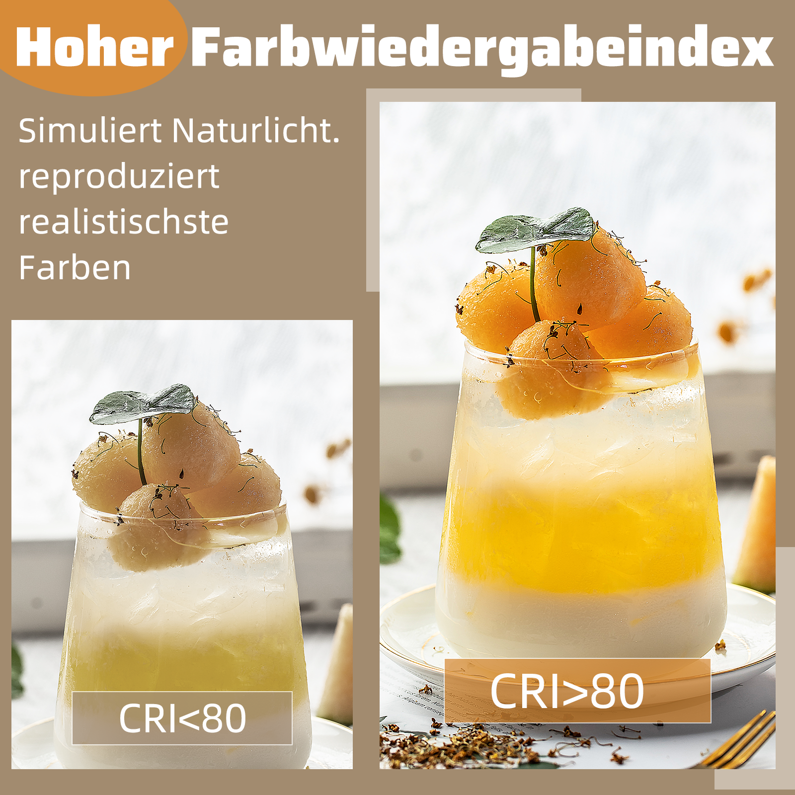 Zwei Gläser einer gelben Flüssigkeit mit melonenartigen Kugeln. Eines zeigt CRI<lt/>80, das andere CRI<gt/>80.