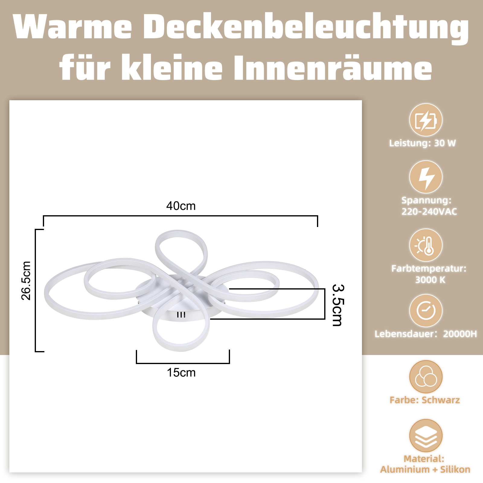 Weiße Deckenleuchte mit einzigartigem Design, Abmessungen und technischen Daten auf blauem Hintergrund.